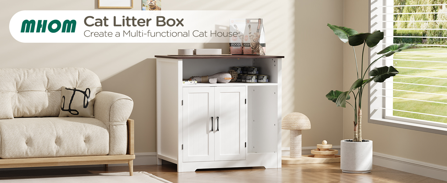 MHOM Large Cat Litter Box Enclosure, Hidden Litter Box Furniture with Scratch Pad and Shelf, Indoor Cats House for Living Room, White - image 8
