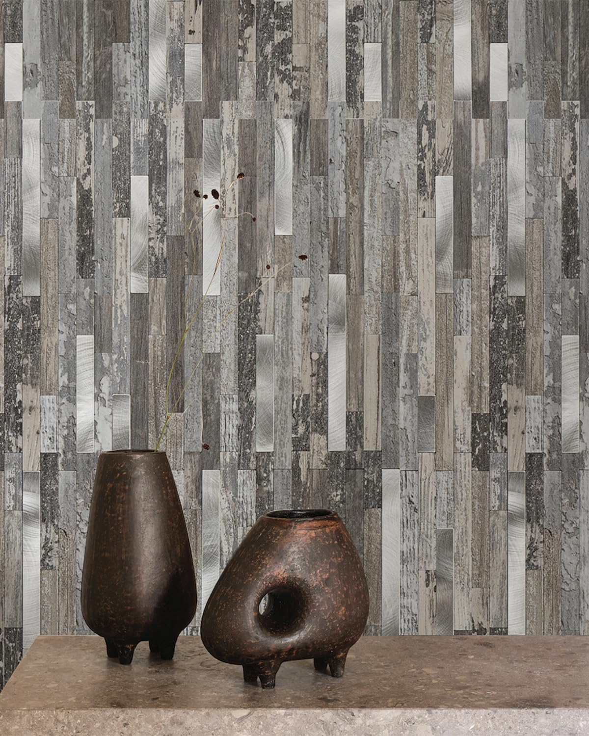 KASARO 20-Sheets Peel and Stick Vintage Wood Mosaic Wall Tile with Metal Silver Embellished Stripes Tile, Self Adhesive PVC Backsplash Decorative for Kitchen, Bathroom, Fireplace and RV