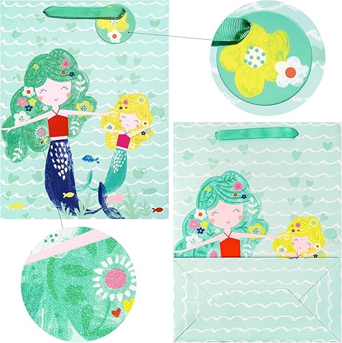 Miniatura 4 de LeZakaa Bolsa de regalo de sirena de 13 pulgadas, bolsa de regalo mediana azul claro con papel de seda, etiqueta de regalo y tarjeta para