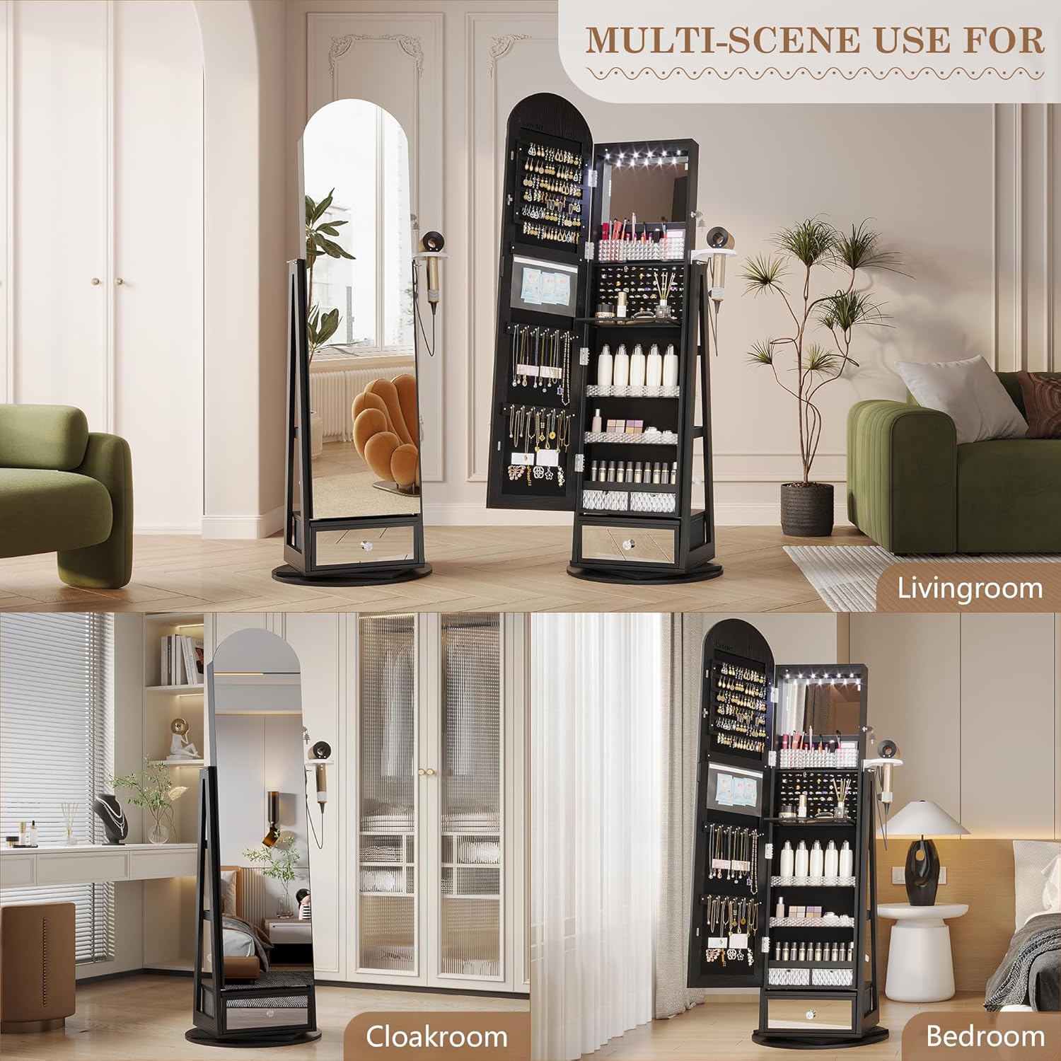 LVSOMT 360° Swivel Arched Jewelry Mirror Cabinet, 64"H Standing Jewelry Armoire with 6 LED Lights, Lockable Jewelry Organizer, Arch Full Length Mirror with Storage, Inner Makeup Shelf, Drawers (Black) - Image 7