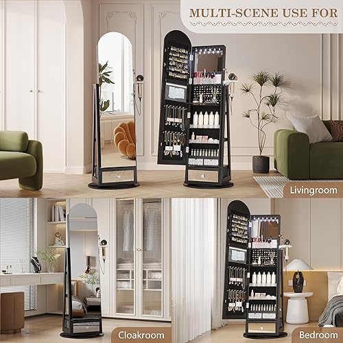 Miniatura 7 de LVSOMT Espejo iluminado de longitud completa con perchero, espejo giratorio de 360 con almacenamiento de joyas, espejo de piso con soporte de valet