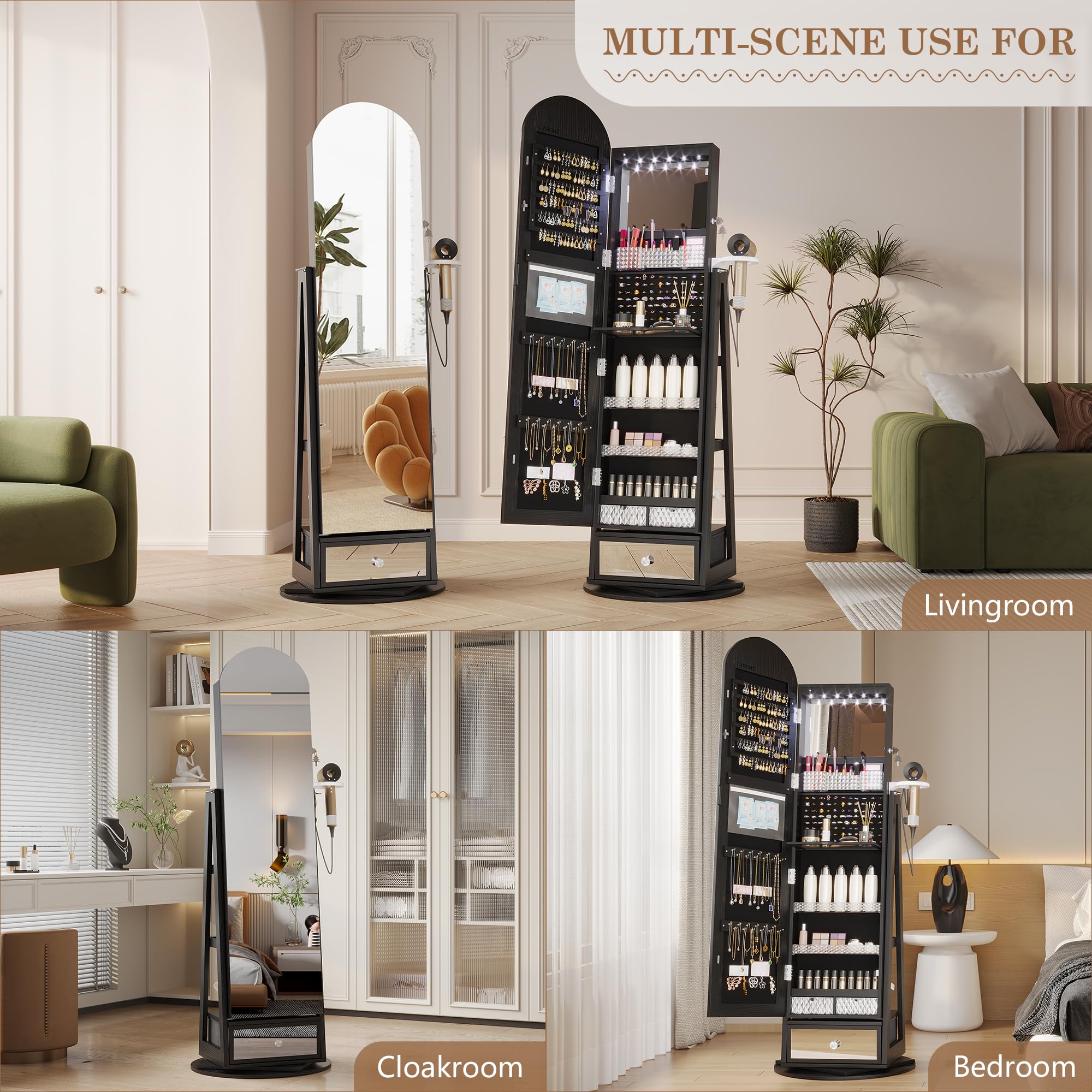 LVSOMT LED Bogen Schmuckschrank mit Spiegel, 360° Drehbar Standspiegel mit Schmuckschränke, Abschließbar Schmuckspiegelschrank mit Beleuchtung, Schmuckschrank Stehend Holz mit Stufiges Regal, Schwarz