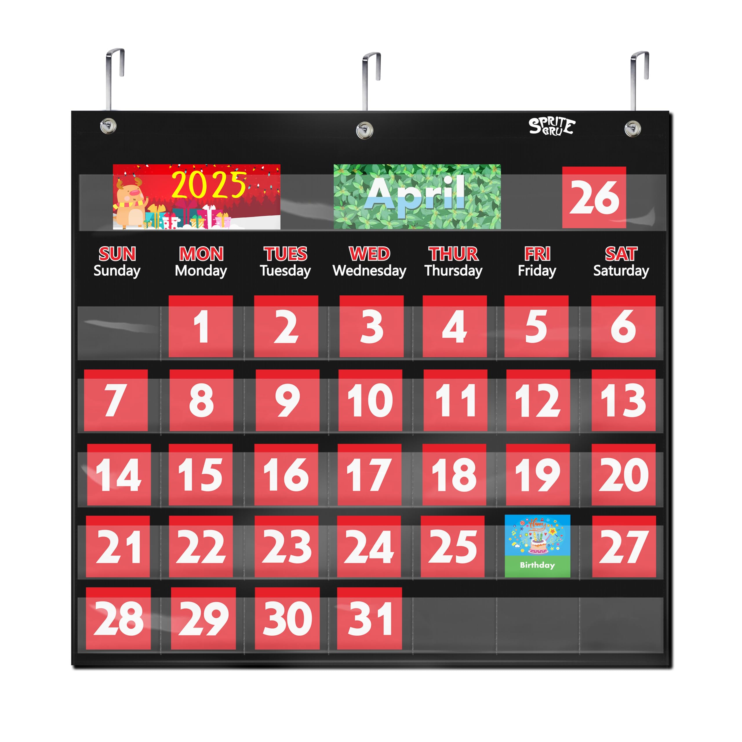 SpriteGru Calendario Tascabile Nero con 76 schede (68 schede attività illustrate, 8 flashcard cancellabili a Secco e 3 Ganci 51cmx48cm).