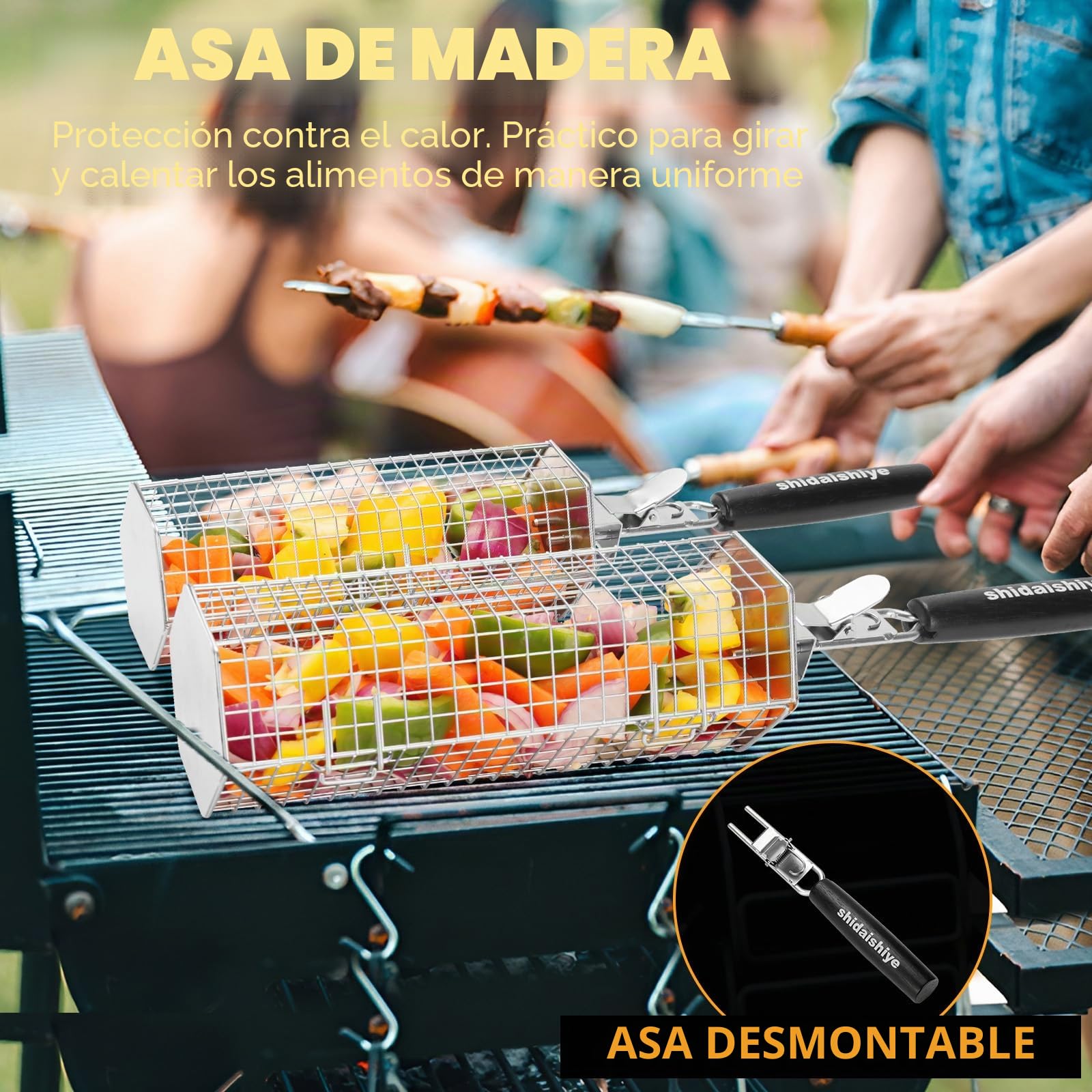 Cesta Parrilla Barbacoa, Accesorios Barbacoa con Mango Extraíble, Utensilios Barbacoa Inoxidable Apilable, Utensilios BBQ para Verduras Pescado,Exterior Camping, Regalos Originales para Hombres (2 P)