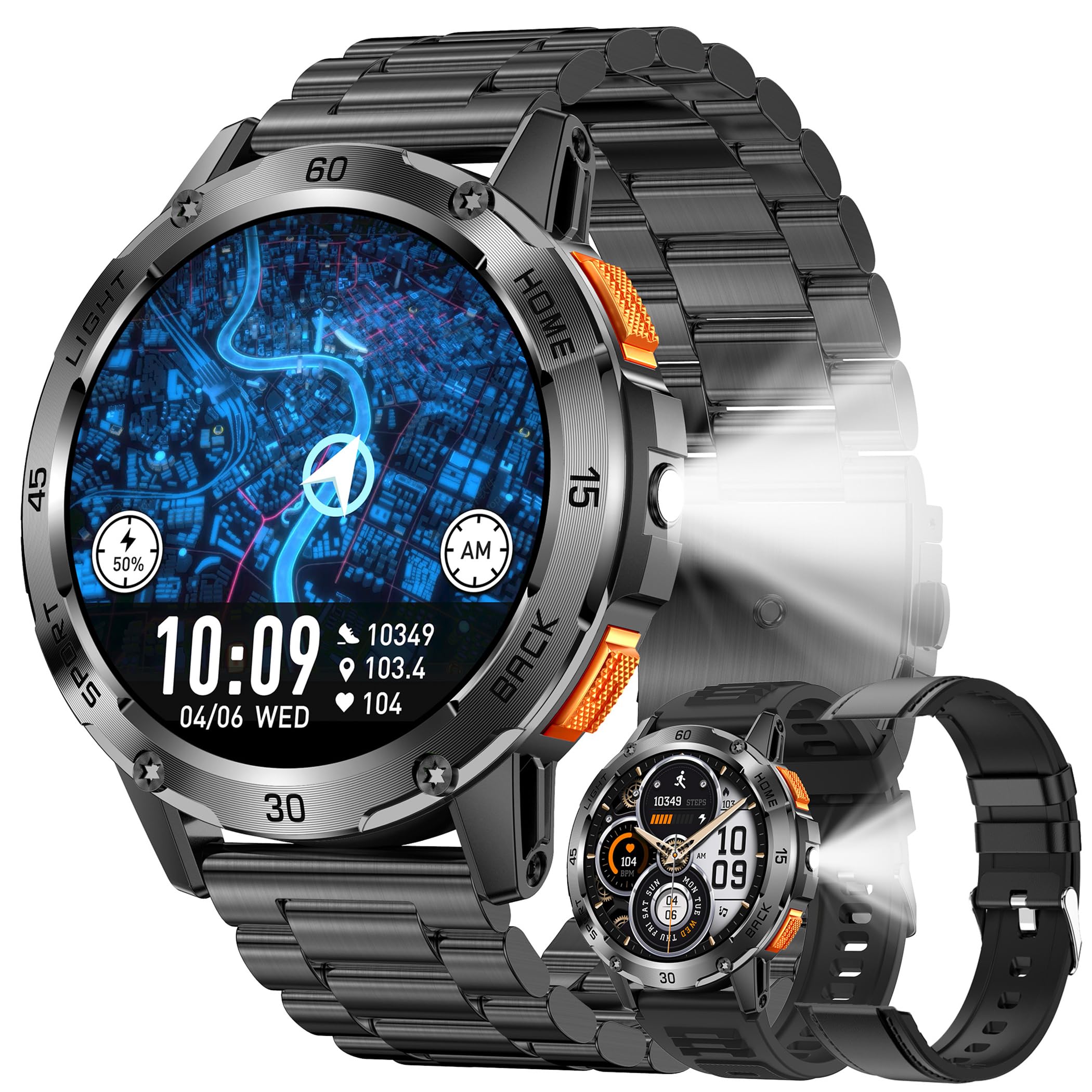 Reloj inteligente para hombre con llamadas Bluetooth, linterna, batería grande de 400mAh, 1,53" AMOLED 5ATM, reloj de fitness con SpO2, medición de presión arterial, frecuencia cardíaca, podómetro