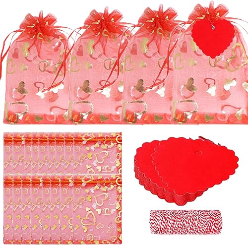 Glynisyz 50 bolsas de regalo de organza para el día de San Valentín, bolsas de regalo de organza y 50 etiquetas de papel kraft, 4 x 6 pulgadas con