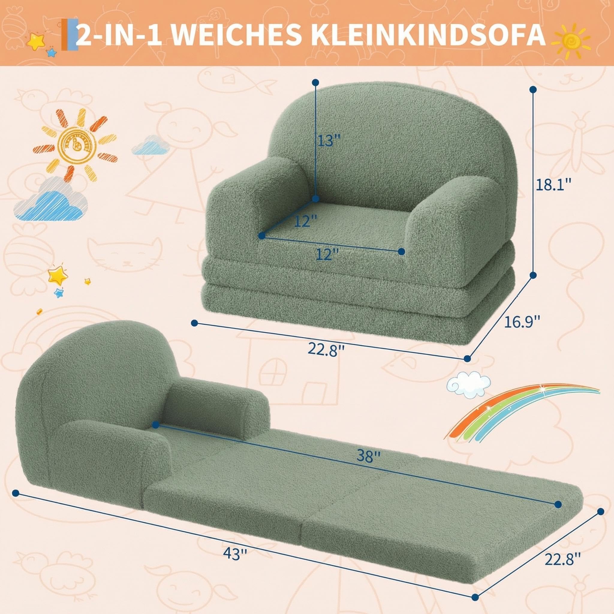 Garvee 2-in-1 Kindersofa & Loungesessel, Faltbar Kinder Sofa, Weiches Teddyfleece Kindersessel mit Abnehmbarem Bezug, Klappbarer Kindercouch als Liege, Kinder - Grün