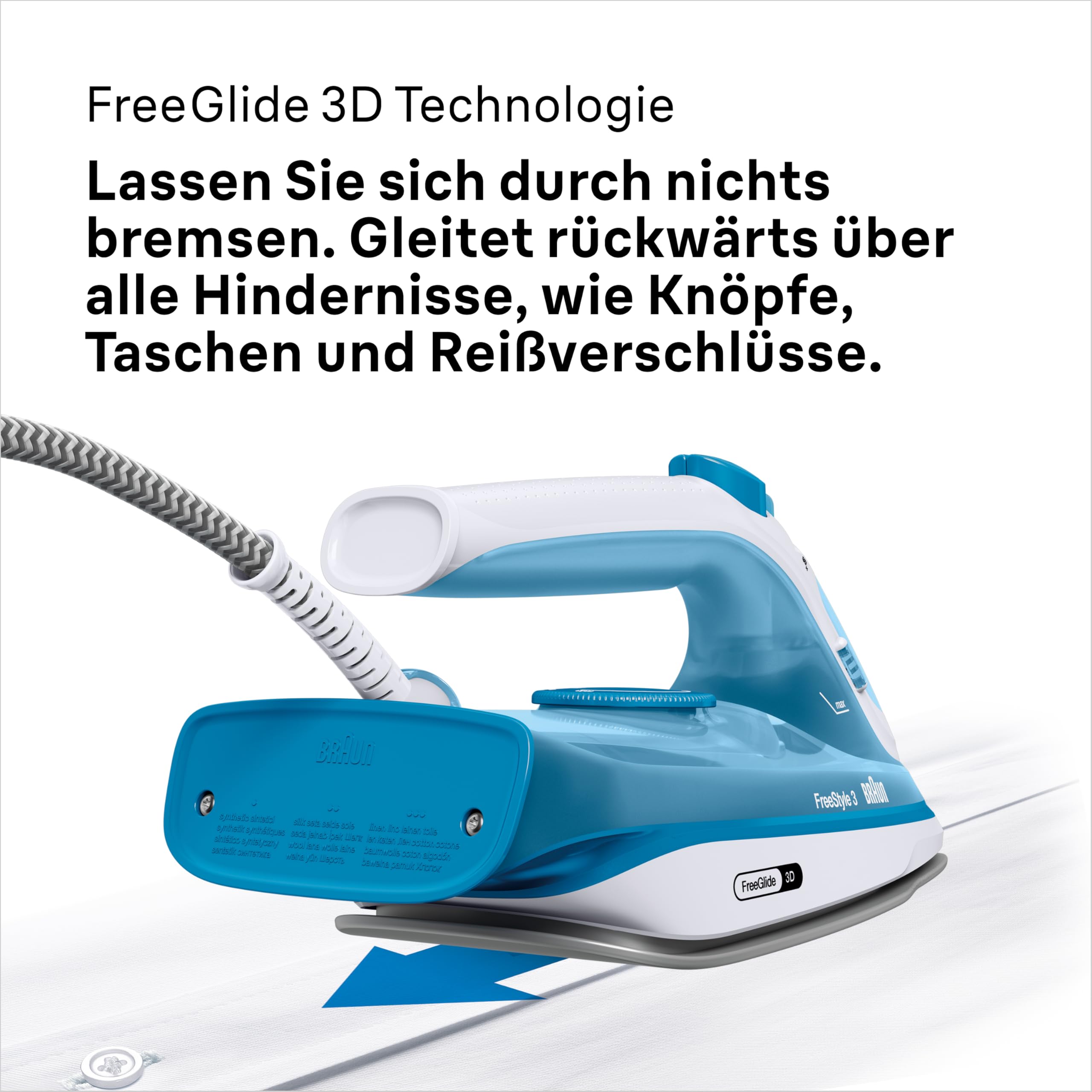 Braun FreeStyle 3 FI3144BL Dampfbügeleisen mit 3D-FreeGlide-Technologie, SuperCeramic-Sohle, Ultimate FastClean, automatische Abschaltung, Tank 270 ml, 2700 W, Blau