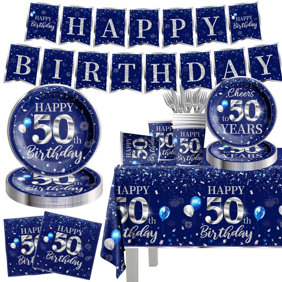 142 Pcs 50th Birthday Tableware Set Decorations Sliver and Blue 50th Happy Birthday Party Supplies for Men Women Birthday Tablecloth,Plates, Napkins,