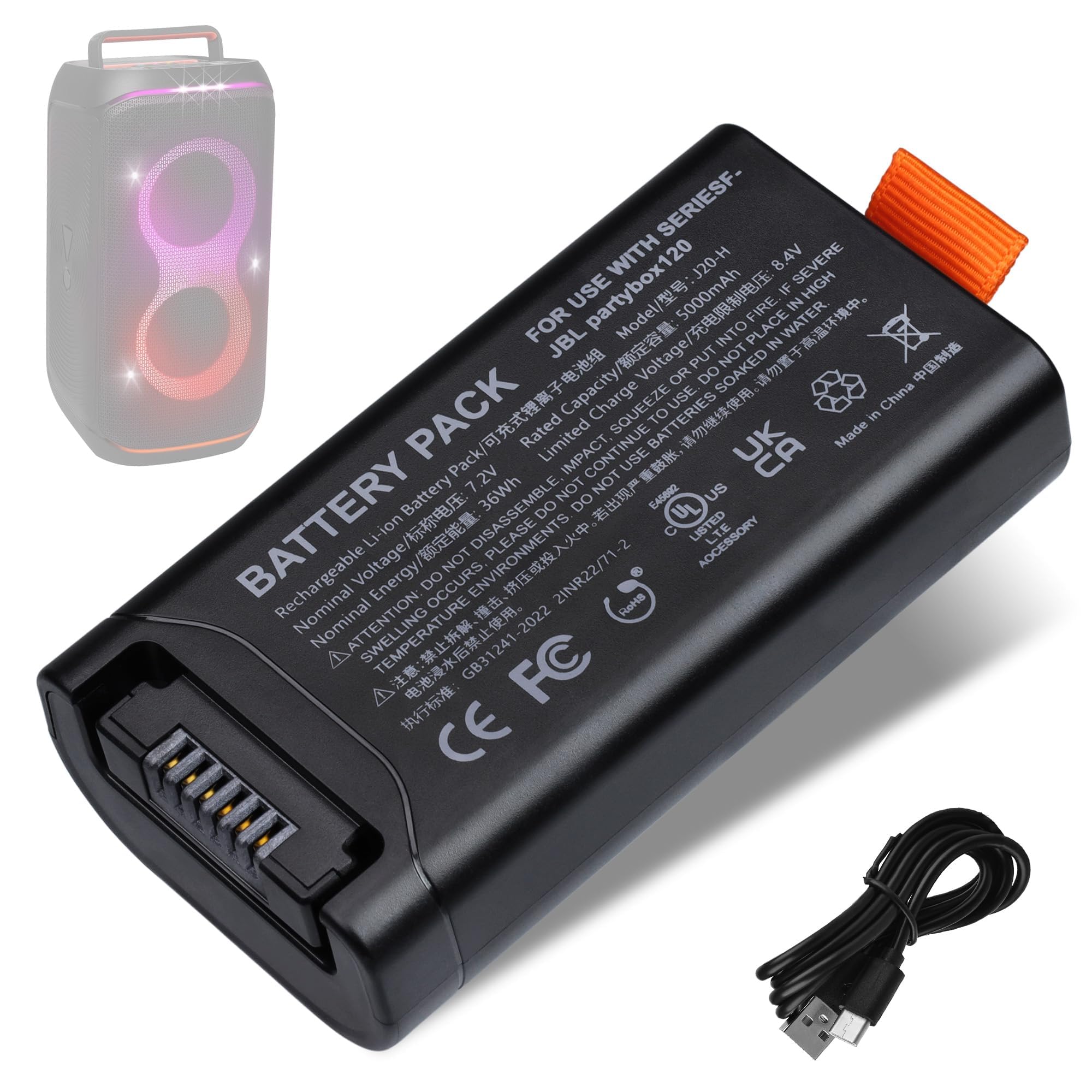 7.2V 5000mAh 36Wh Replacement Battery Compatible for JBL PartyBox Club 120 – Lithium-Ion Battery Pack with USB Data Cable-image-23