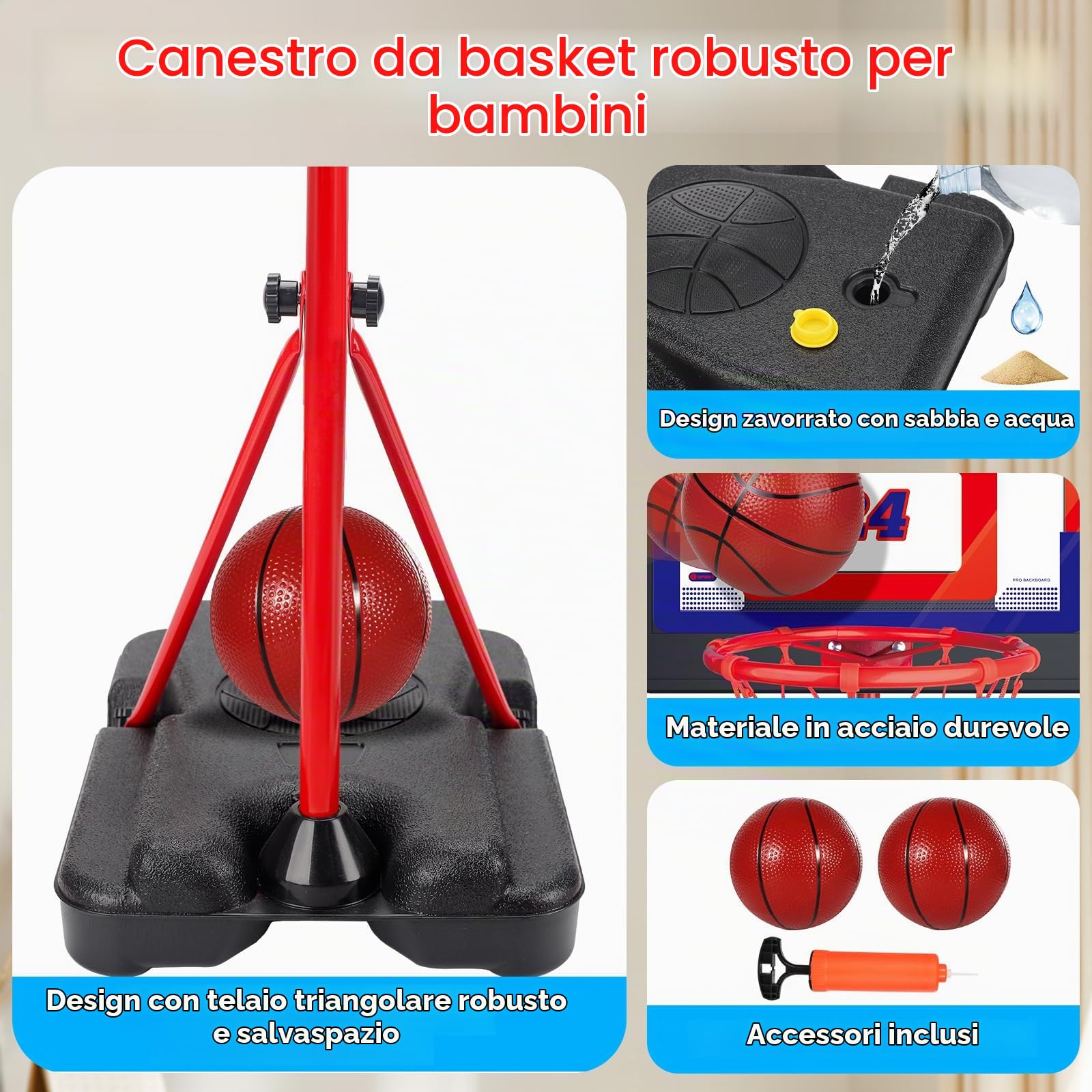 Canestro Basket Bambini Esterno Interno,Set da Basket Portatile Regolabile