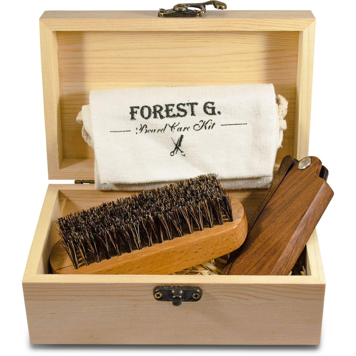 Beard and Mustache Grooming Care Kit - Wooden Folding Comb and Natural Beard Brush for mens Giftbox Premium Care Set for Men Facial Hair Sandalwood Folding Pocket Comb Beech Brush Wooden Box