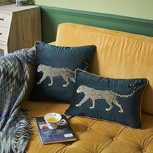 Miniatura 6 de Funda de almohada de lujo con bordado de leopardo, funda de cojín de tela de terciopelo bordada dorada, funda de cojín decorativa con estampado de