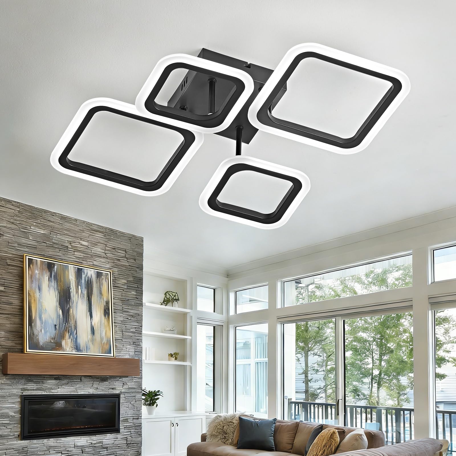 OKELI Modern LED Flush Mount Ceiling Lights, 24W Black Ceiling Light with 4 Square Acrylic Design, Large Chandeliers Ceiling Lights for Living Room, Bedroom, Kitchen, 6000K