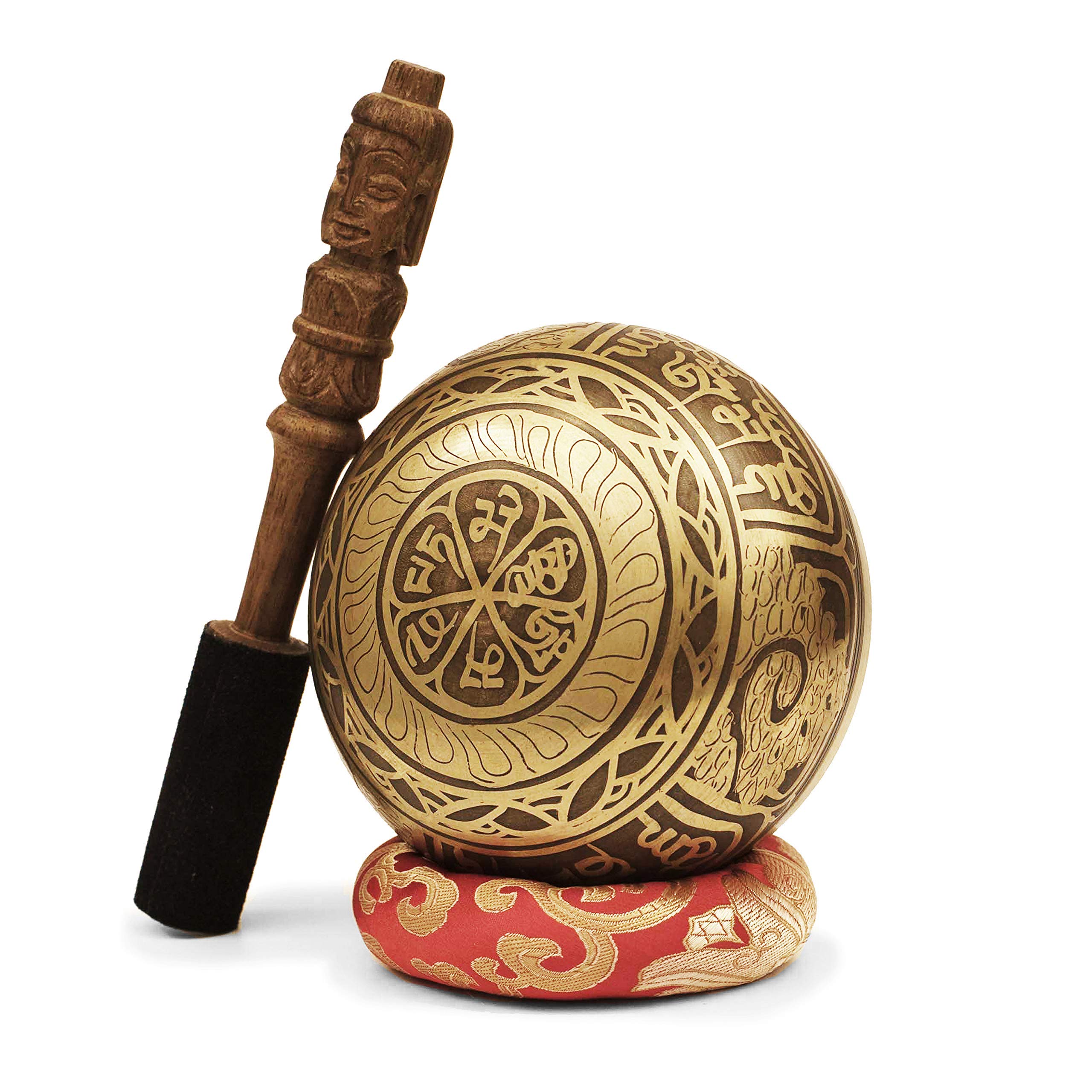 Campana Tibetana con 7 metalli ~ incisa, Ø13cm. Originale del Nepal. Fatta a mano. Set: cuscino di seta e battente con Buddha scolpito a mano. Per Meditazione, Chakra e Terapia del Suono