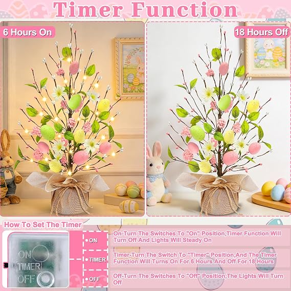 2 Pack & Timer - Easter Decorations, 18 Inch Lighted Easter Tree Tabletop with 40 LED Warm White Lights Colorful Eggs Floral Berries Battery Operated Easter Egg Tree Home Indoor Party Spring Decor