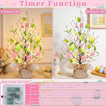 2 Pack & Timer - Easter Decorations, 18 Inch Lighted Easter Tree Tabletop with 40 LED Warm White Lights Colorful Eggs Floral Berries Battery Operated Easter Egg Tree Home Indoor Party Spring Decor