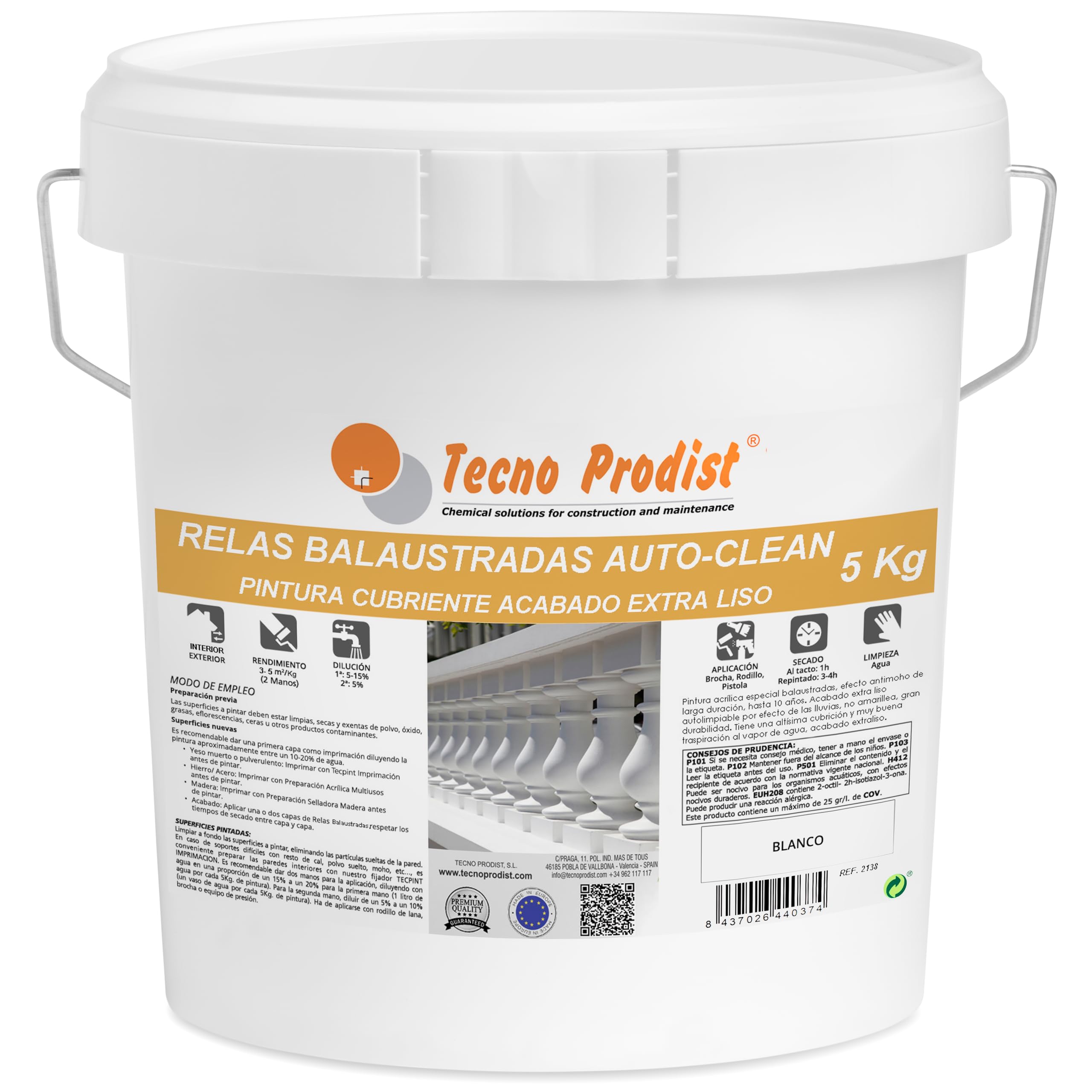 Tecno Prodist RELAS BALAUSTRADAS AUTOCLEAN (5 Kg) Pintura balustradas y celosías, al agua, color blanco, larga durabilidad, transpirable - Autolimpiable con la lluvia - Interior y exterior