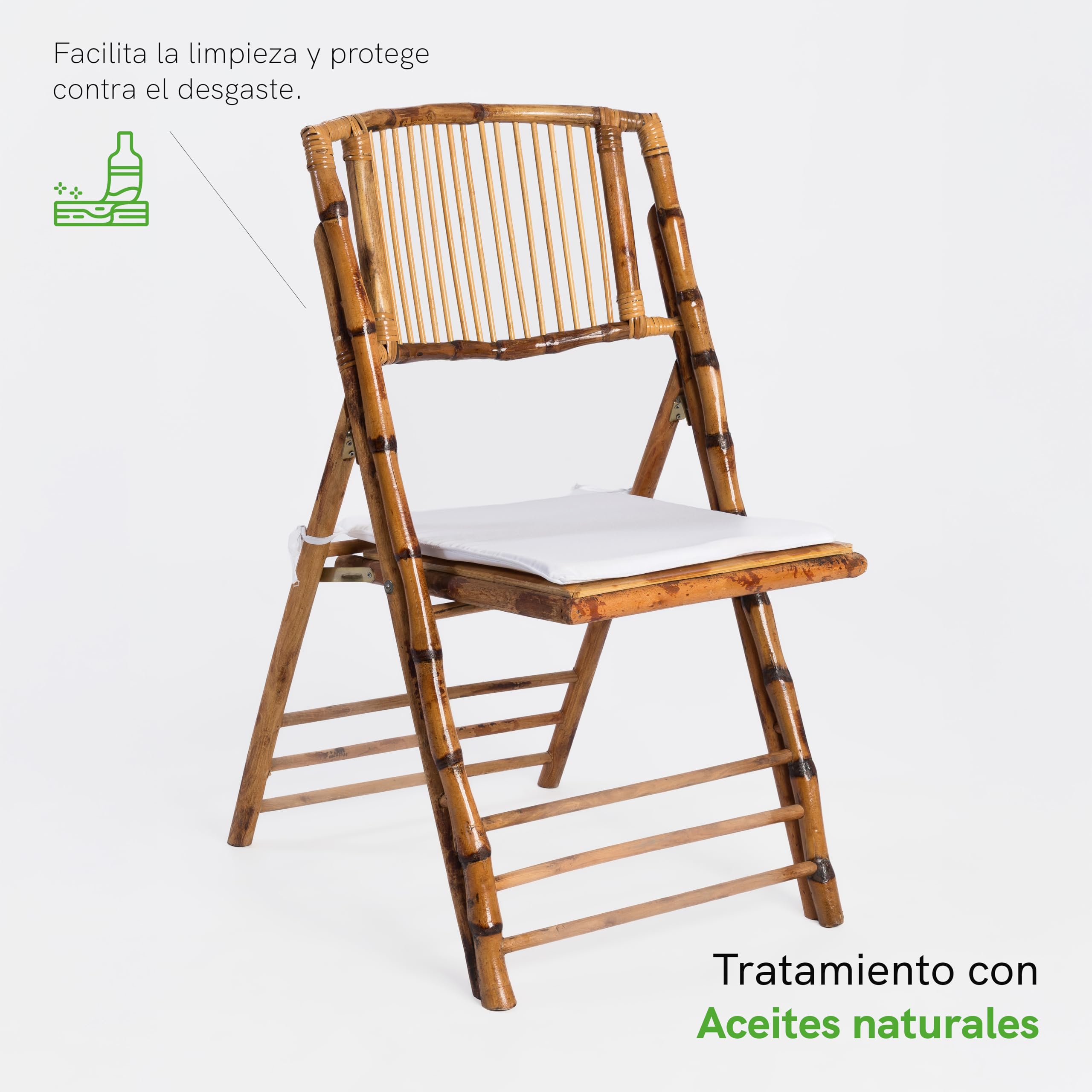 Silla de Madera de Bambú Plegable con Cojín Incluido para Jardín, Hostelería y Eventos. Certificado de Calidad y Diseño Ligero para Catering al Aire Libre. (2)