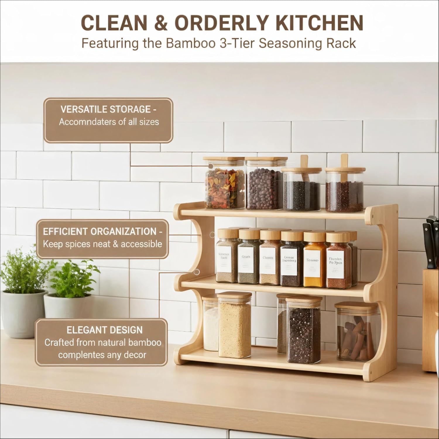 Spice Rack, 3-Tier Bamboo Spice Rack Organizer for Countertops - Kitchen, Pantry and Cupboard Storage Organizer