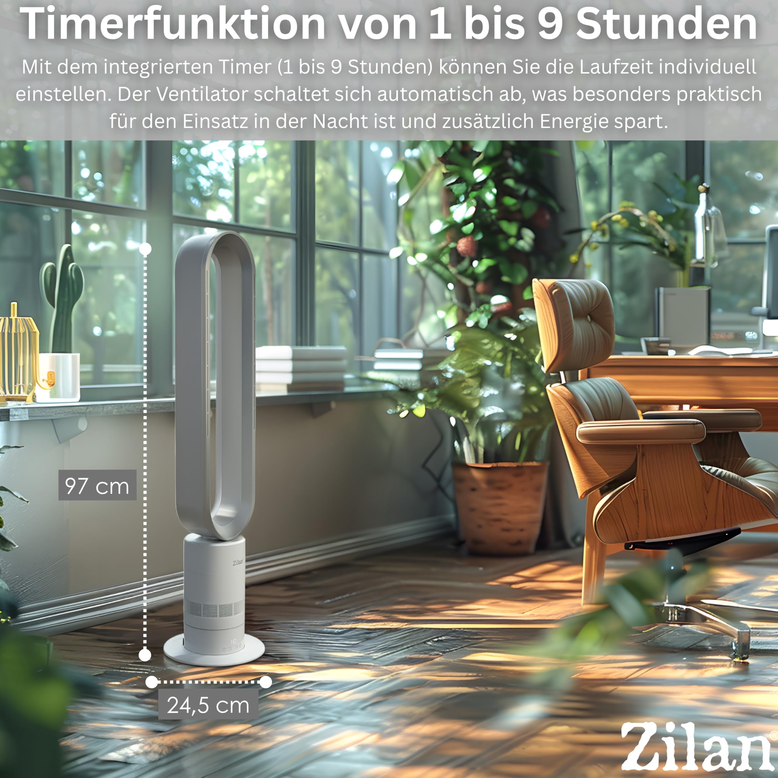 Zilan Turmventilator leise mit Fernbedienung – energiesparender BLDC Motor Standventilator mit Kühlung - Säulenventilator 10 Sufen & 10 Modi, 900 m³/h, Oszillation, Timer, Touch Display
