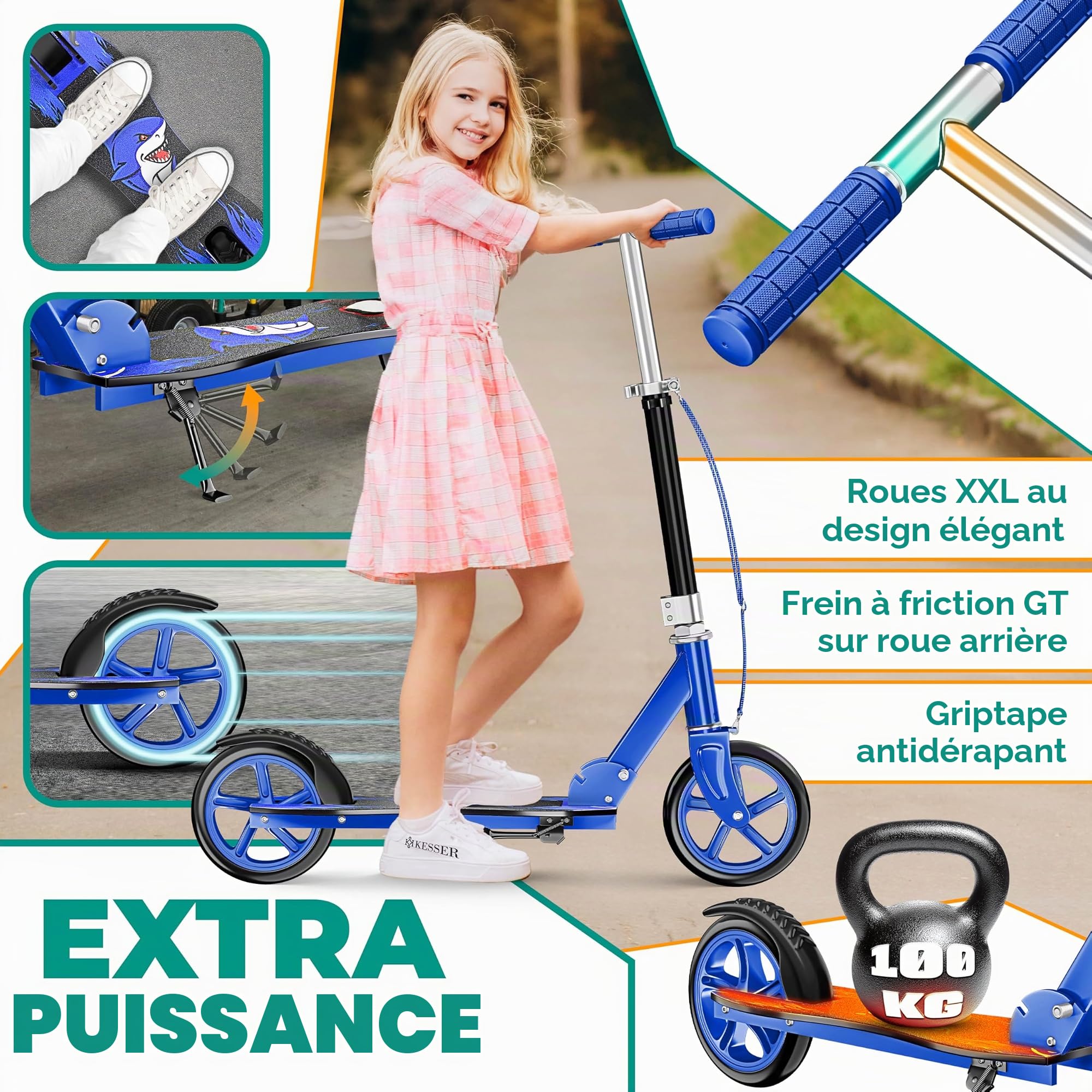 KESSER® Scooter pour Enfants de Ville Trottinette Pliable réglable en Hauteur, Kickscooter jusqu'à 100kg, Frein de Roue Arrière, Jusqu'à 190cm de Hauteur, Sangle de Transport Incluse