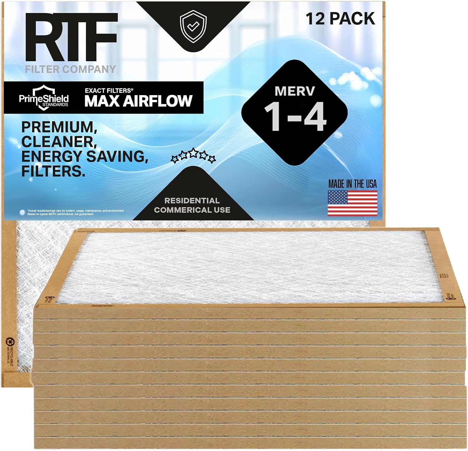 ExactFilters PrimeShield Max Airflow 18x24x1 Air Filters MERV 1-4 (12-Pack) - Fiberglass HVAC AC Furnace Filter Replacement (Actual Size: 17-5/8x23-5/8x3/4)