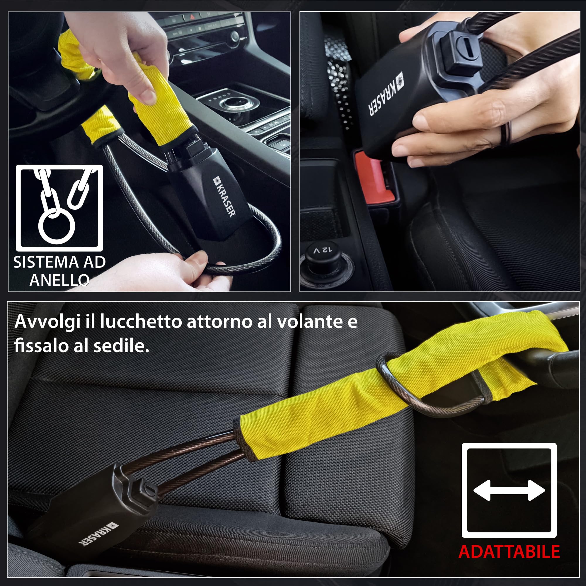 KRASER KR882Y Antifurto Auto Blocca Volante Cintura Alta Sicurezza Cavo Acciaio Universale