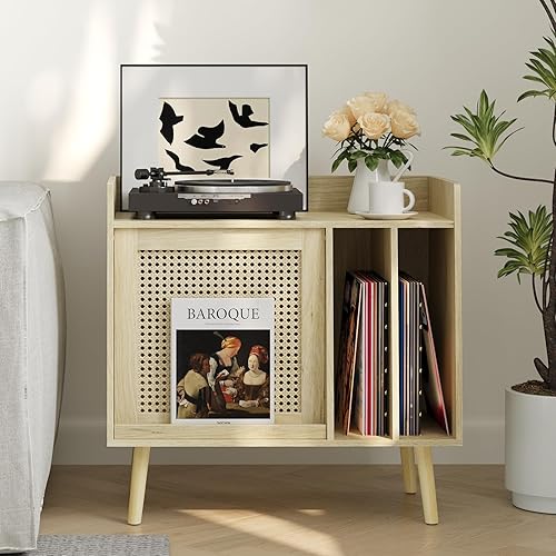 Semiocthome Soporte para tocadiscos con almacenamiento de vinilo, mesa de tocadiscos con puerta de armario de ratán, soporte para discos de vinilo