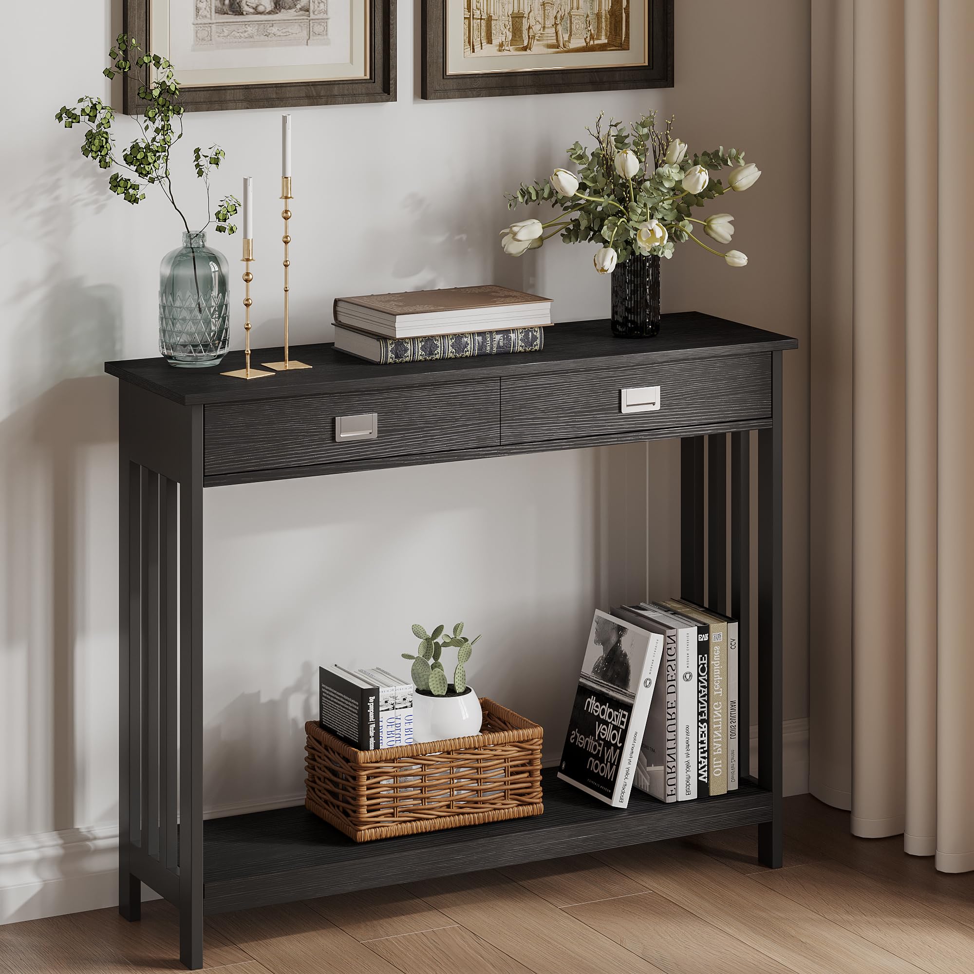 Mesa de entrada negra con cajón, mesa consola estrecha, mesa de sofá con estante de almacenamiento para entrada, sala de estar y pasillo 7