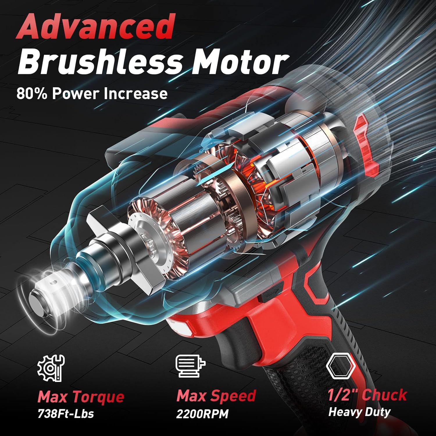 Diagram illustrating the advanced brushless motor of the impact wrench, showing internal components and highlighting max torque and speed.