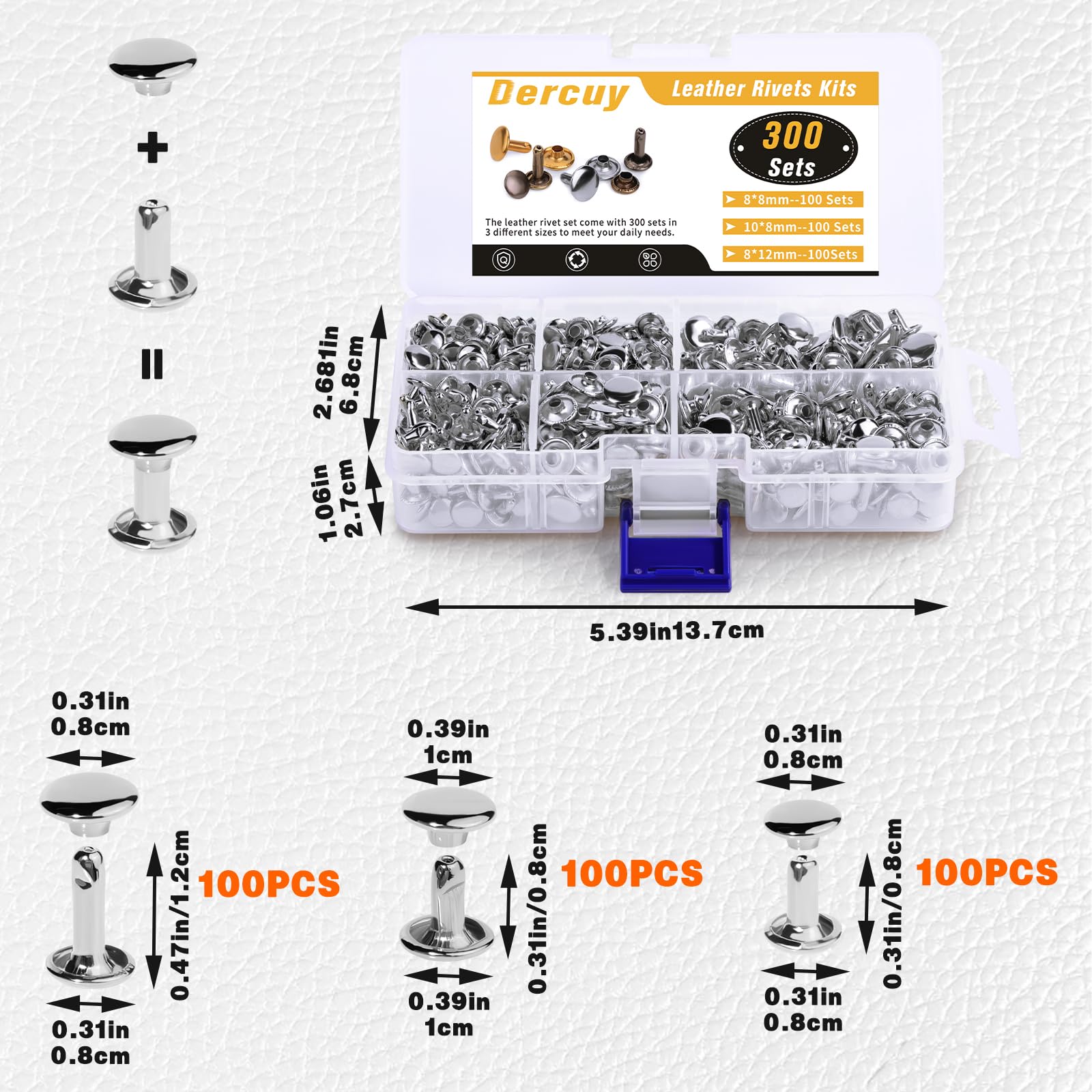 Dercuy 300 Sets Leather Rivets, 3 Sizes Double Cap Rivets for Leather, Rivets for Fabric and Leather Crafting(Sliver)