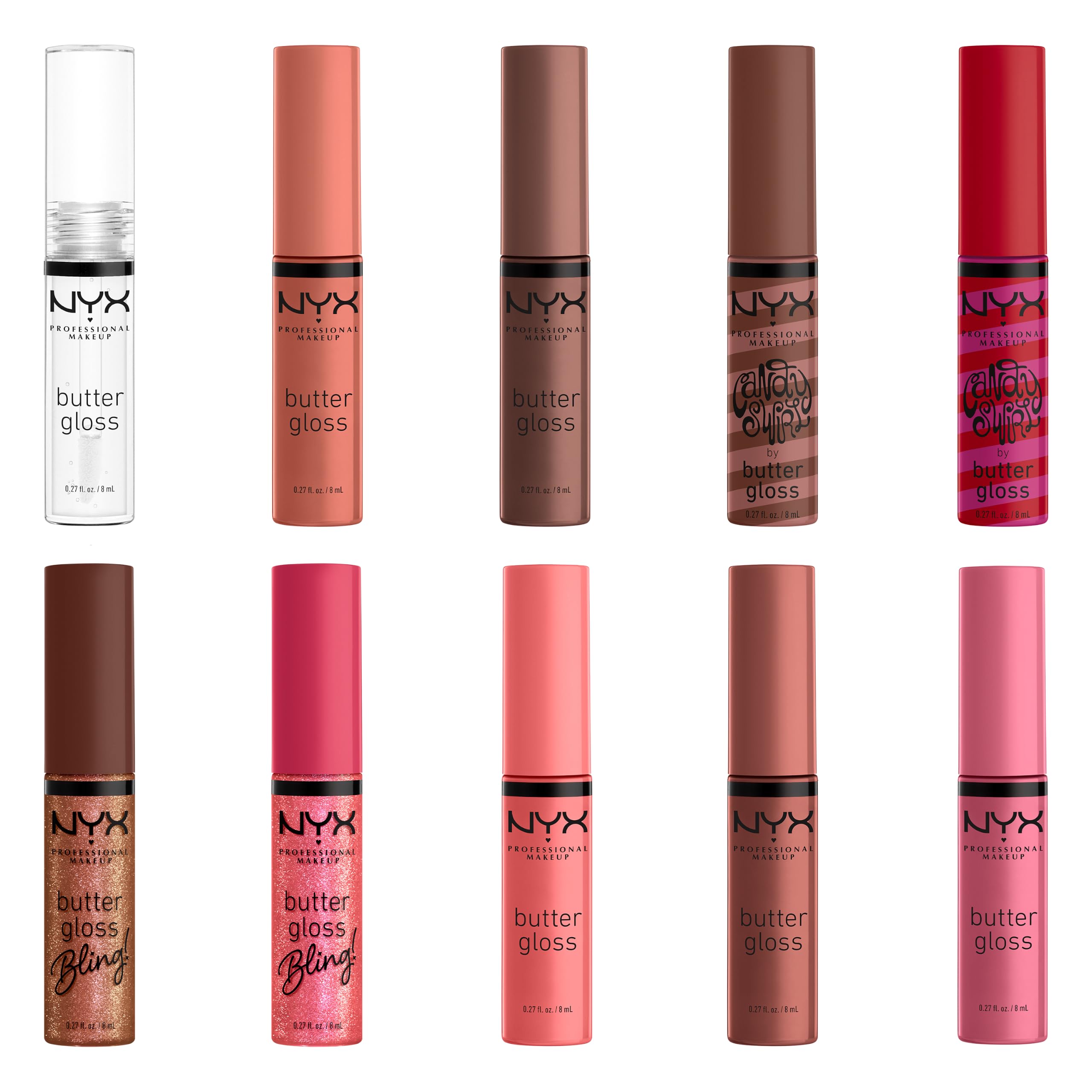 NYX Professional Makeup Butter Gloss Vault Lipglosse in Schneeflocken-Optik, Mit glänzendem Finish und nicht klebriger Formel, Butter Gloss Vault, 10 Stück