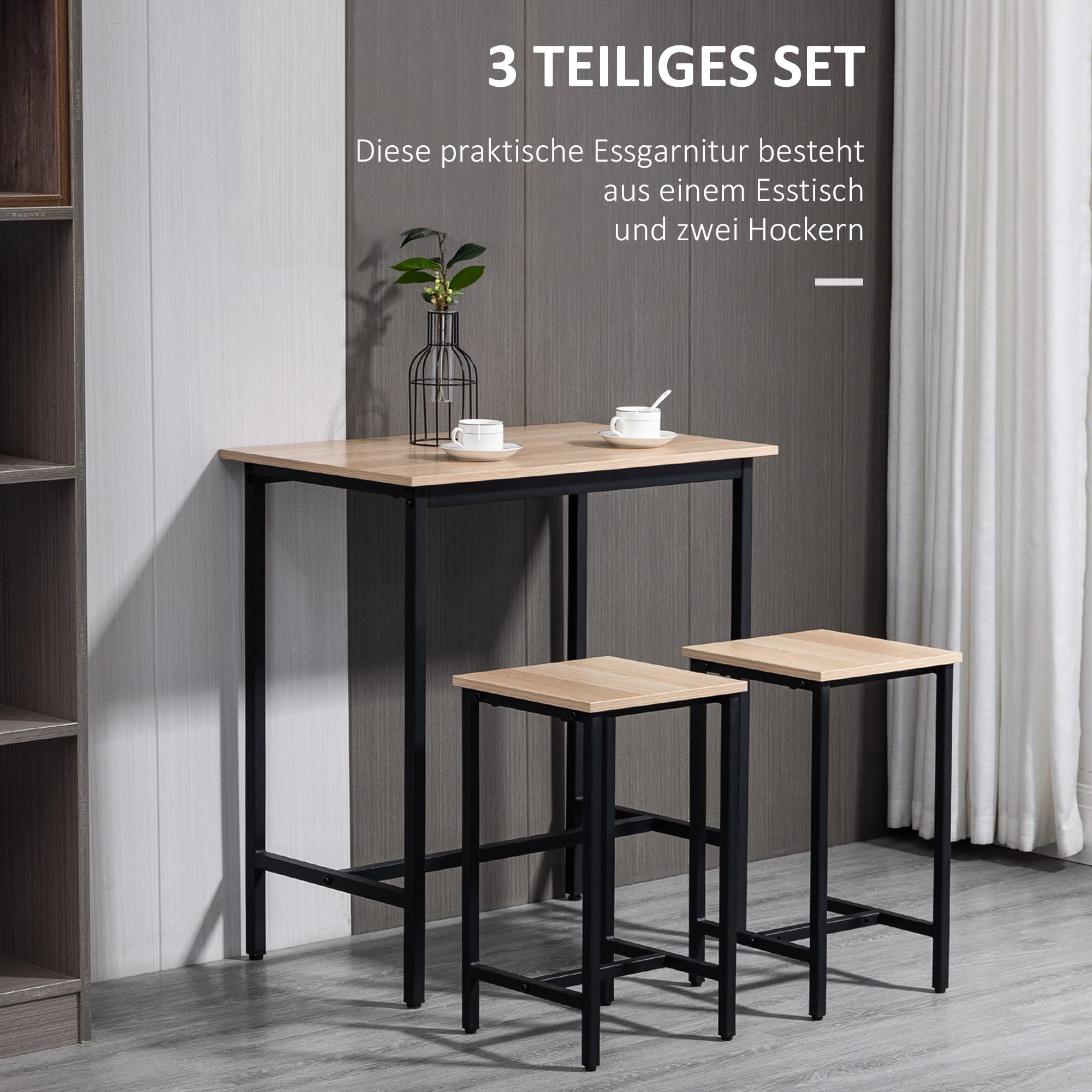 3-delige Eettafelset Industrieel – Inklapbare Bartafel Op Wielen Met 2 Krukken En Opbergruimte