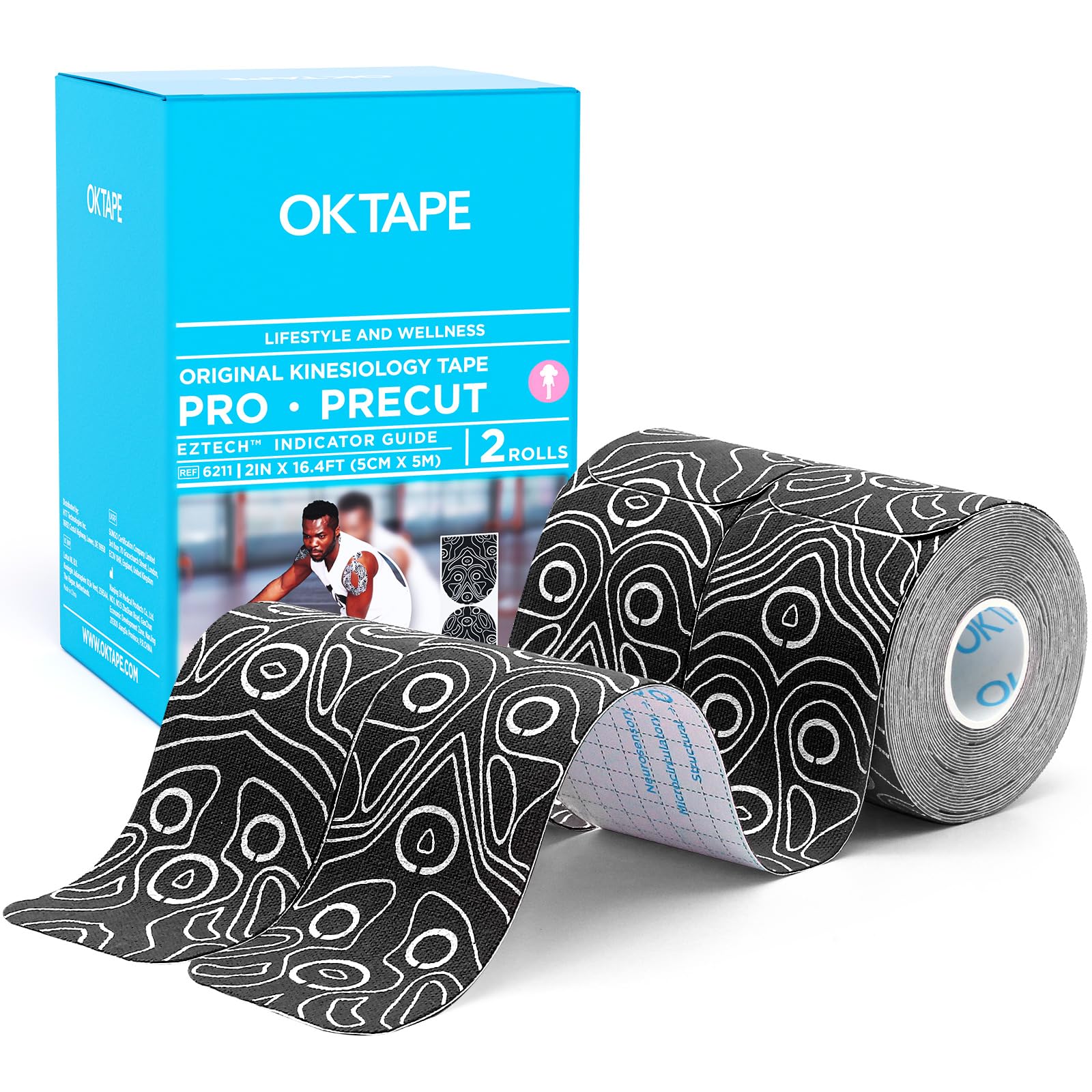 OK TAPE PRO Original Kinesiology Tape Pre-Cut Strips, Latex Free Elastic Athletic Tape Roll, 2in×16ft 2Rolls,Black+White