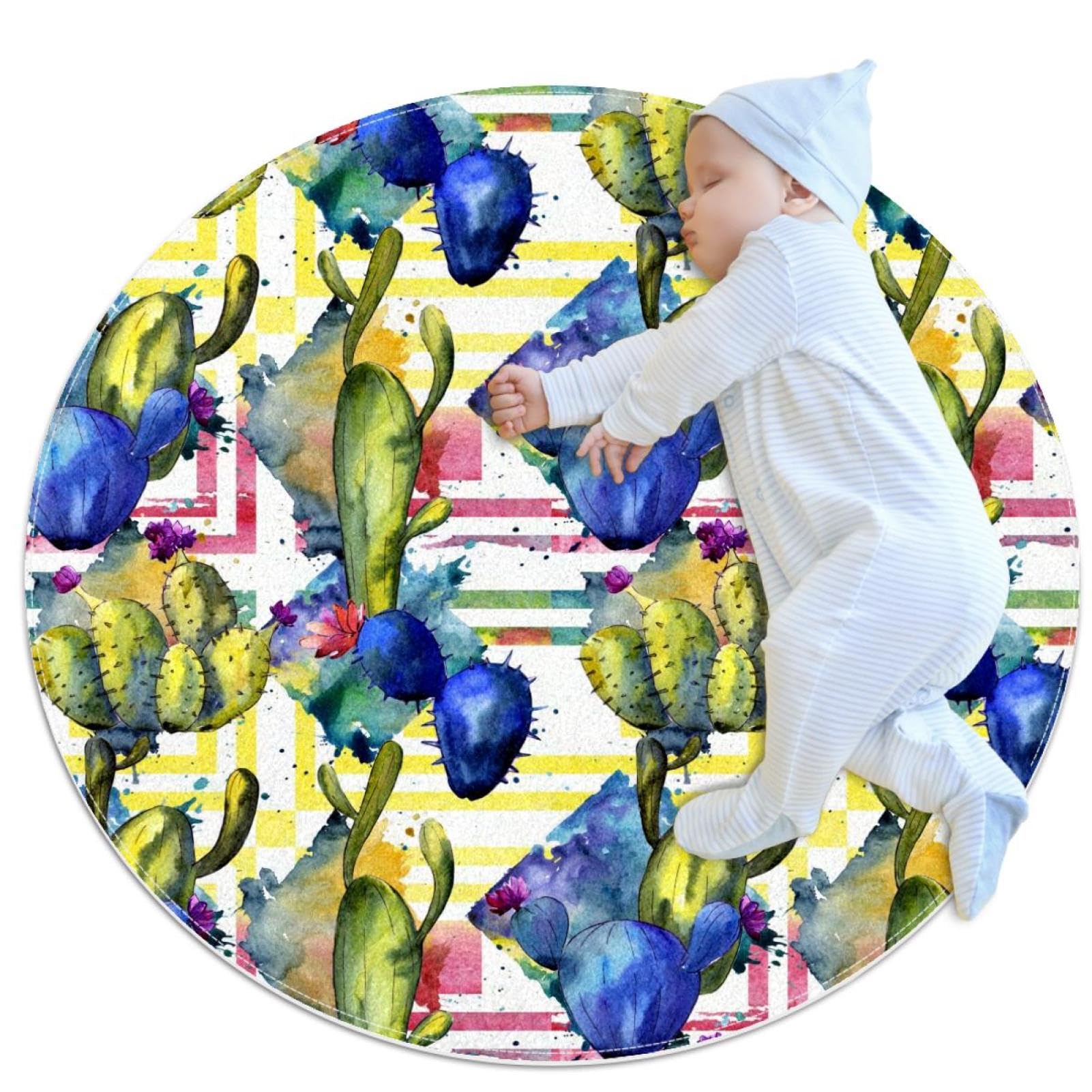 Tapis de salle de bain rond 1m avec aquarelle cactus pour chambre d'enfant