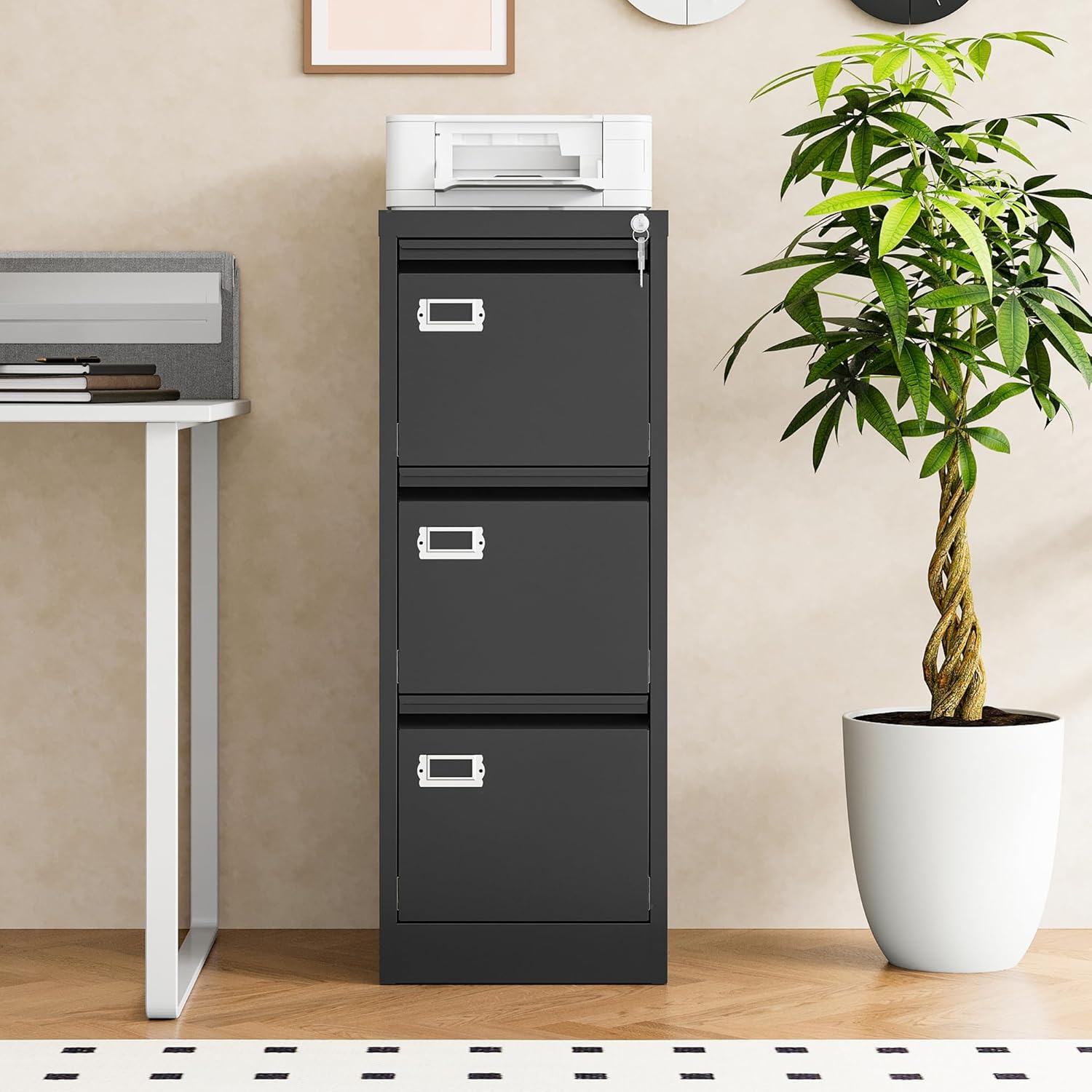 STANI Metal Vertical File Cabinet with Lock，Narrow Filing Cabinets Hanging Files Letter/Legal/A4 Size, Metal Storage Cabinet for Home Office, Assembly Required (Black, 3-Drawer)