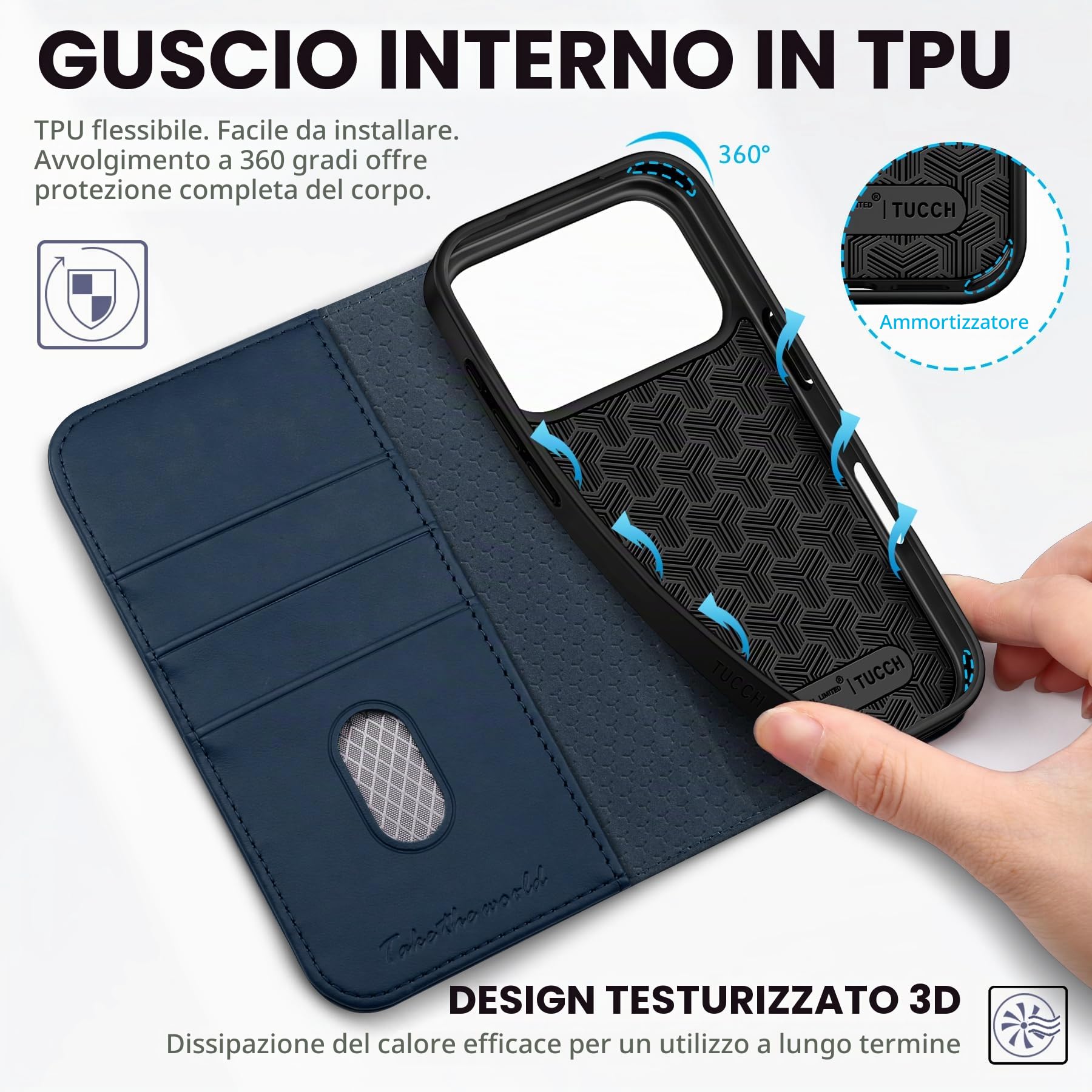 TUCCH Custodia Libro per iPhone 17 Pro 6,3" 5G 2025, Blu | RFID Blocking, Portafoglio Pelle Sintetica TPU, Flip Caso Libro, Funzione Supporto, 3 Slot per Schede