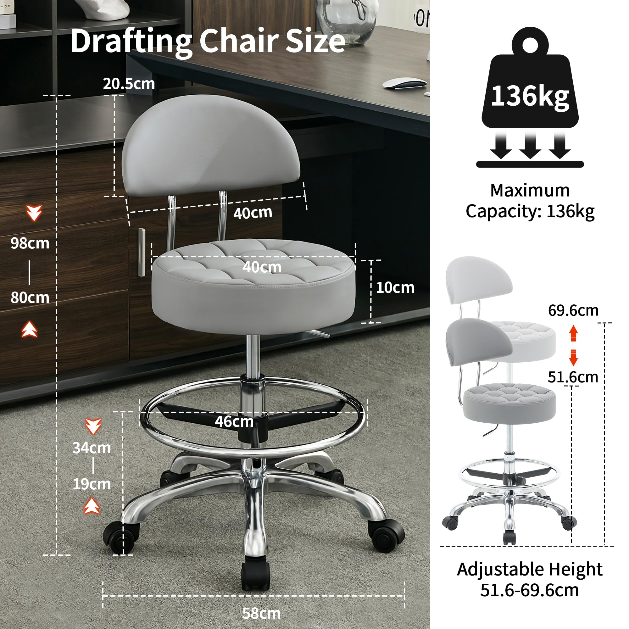 FIRAVOE Taburete de Dibujo con Respaldo (Silla Giratoria con Ruedas Silenciosas) (Altura Ajustable de 50.8 a 68.6 cm) Taburete Giratorio de Oficina