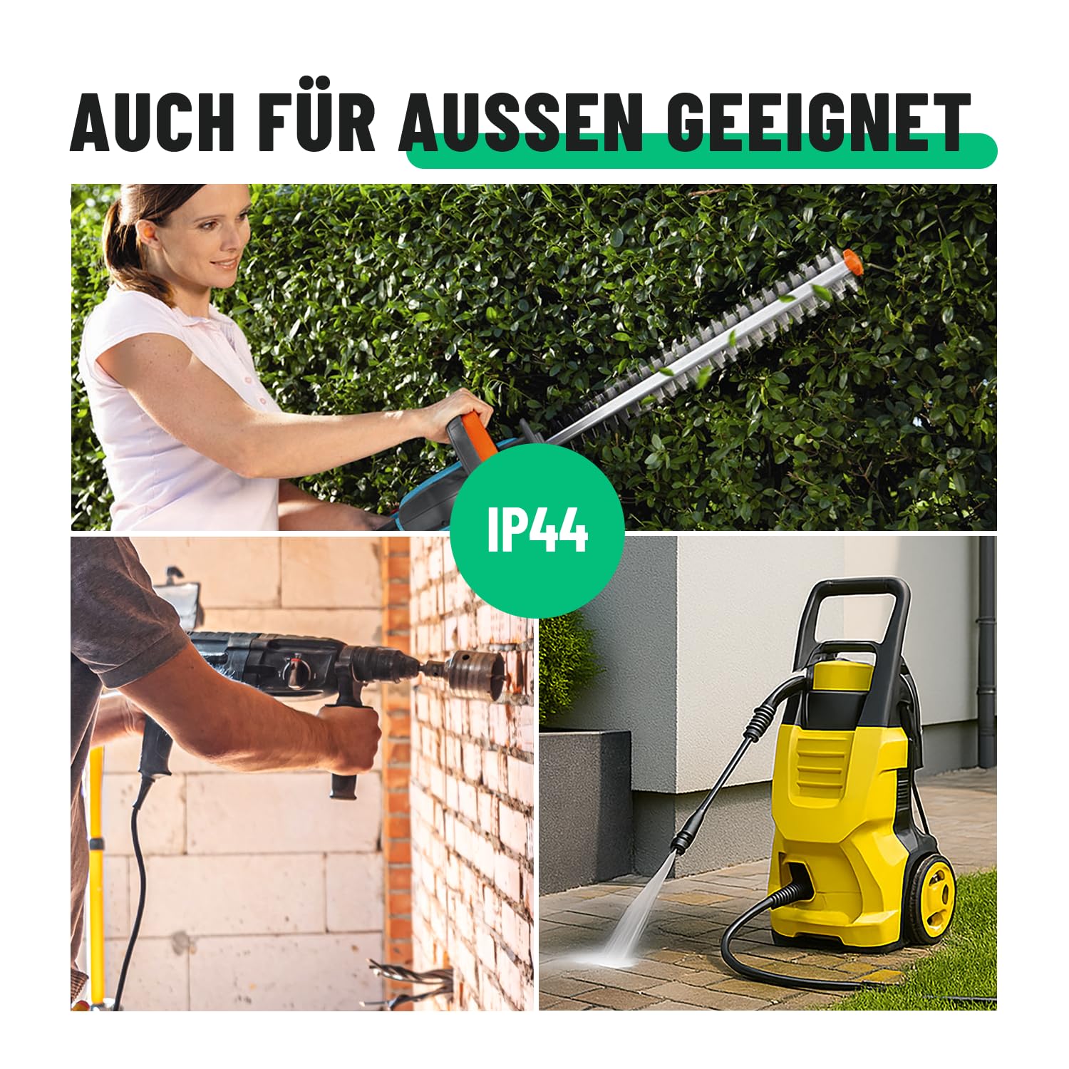 greate Schuko Stecker Kupplung 230V Aussenbereich 3er Pack - Gummistecker Kupplung Set mit Knickschutz, 2-polig, 230V, 16A & 3,7kW - IP44 für Außenbereich - Schukostecker schwarz