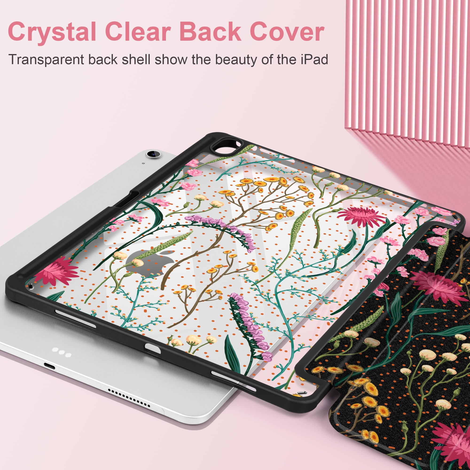 MEEgoodo Custodia per iPad Air 33 cm 2025 (M3) / 2024 (M2), custodie per tablet con guscio posteriore in acrilico trasparente, cover con portamatite + accensione e spegnimento automatico + supporto a