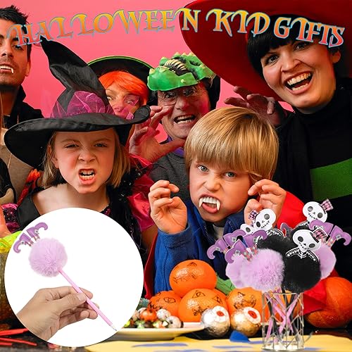 Miniatura 6 de Outus 16 bolígrafos de Halloween con diseño de calabaza, fantasma, murciélago y calavera, bonitos bolígrafos de felpa con pompón de 0.039 pulgadas