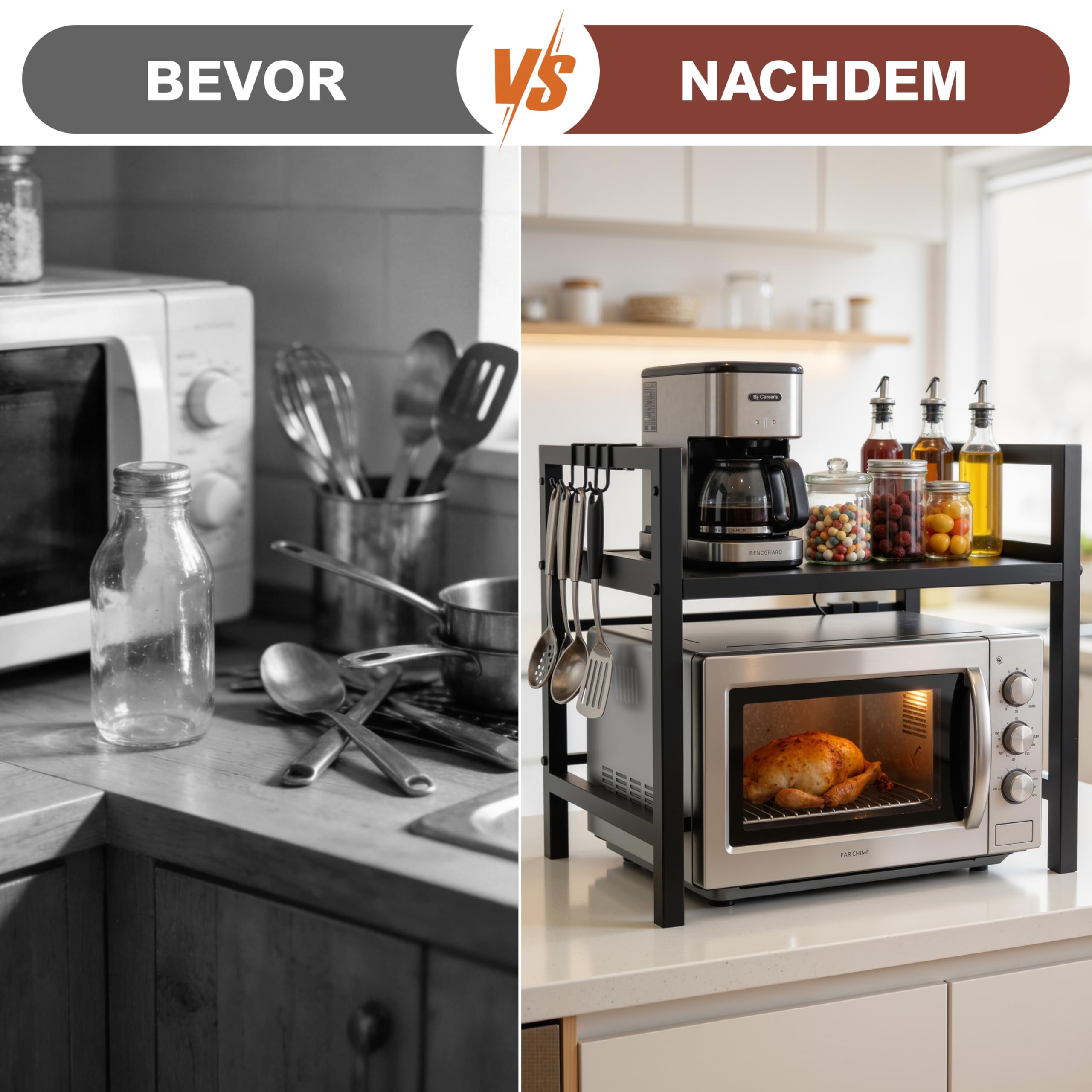 Ribelli Erweiterbares Mikrowellenregal 2 Stufig, Küchenregal Stehend Stahl, Mikrowellen Regal mit 3 Haken, Mikrowellenständer für Arbeitsplatte, Vorratsregal Bäckerregal, Schwarz