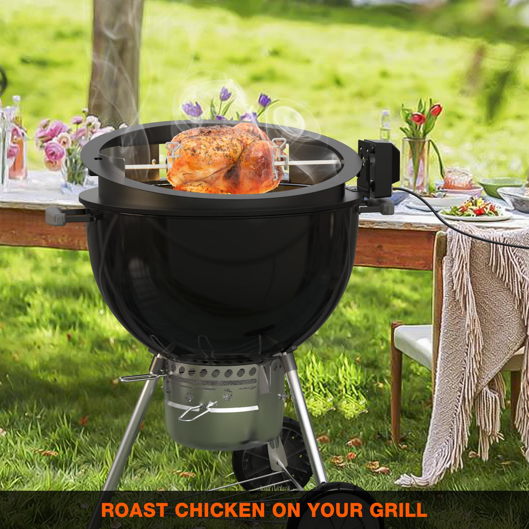 onlyfire PizzaRing Rotisserie Set für Weber 57 cm Kettle Holzkohlegrill, Grillspieß Set Drehspieß mit Motor, 38cm Pizzastein, Holzkohle-Ring, Pizzaeinsatz