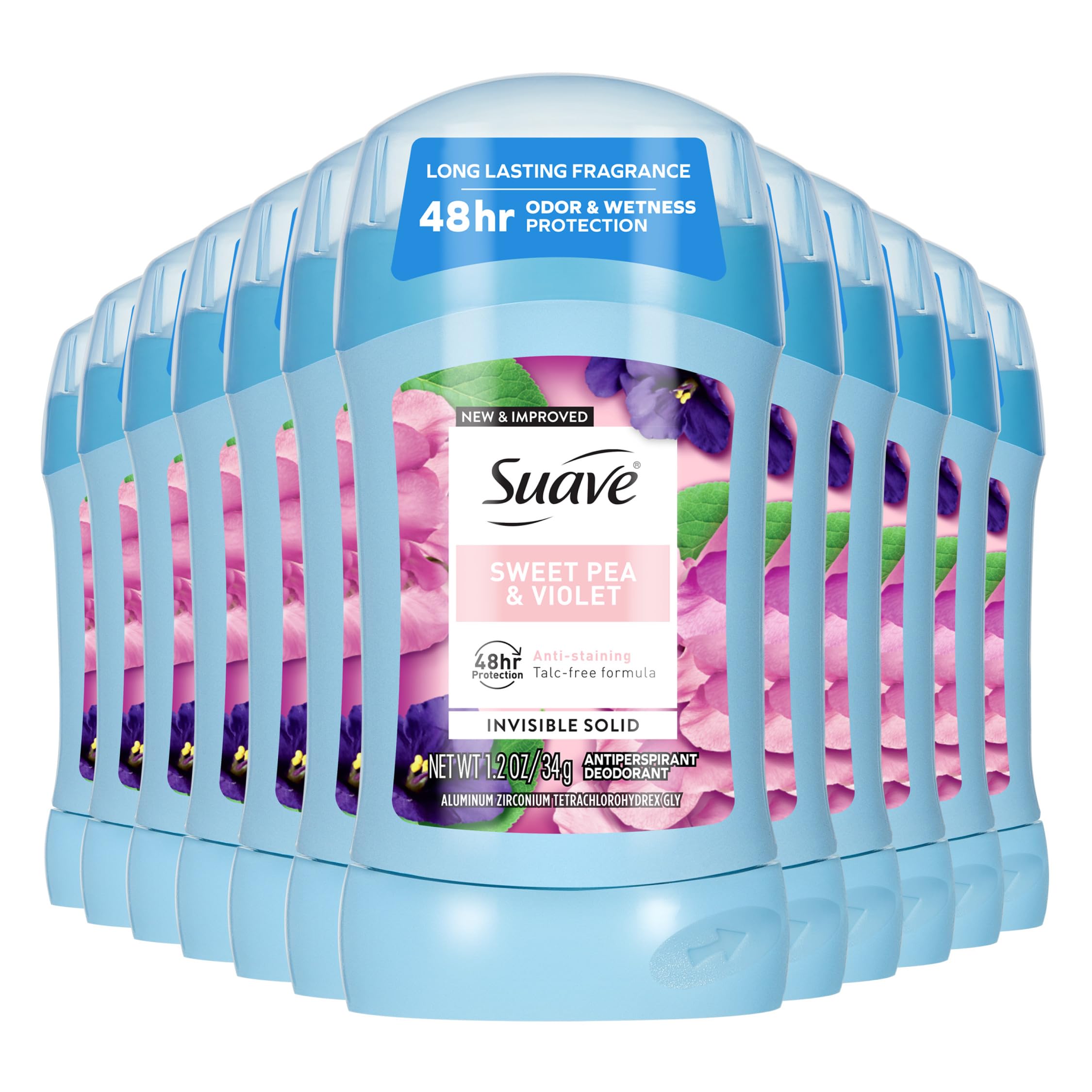 Suave Women's Invisible Antiperspirant, Sweet Pea & Violet, 1.2 oz, 12-Pack | Talc-free, anti-stain formula with sweet pea and violet fragrance for women seeking 48-hour odor and wetness protection