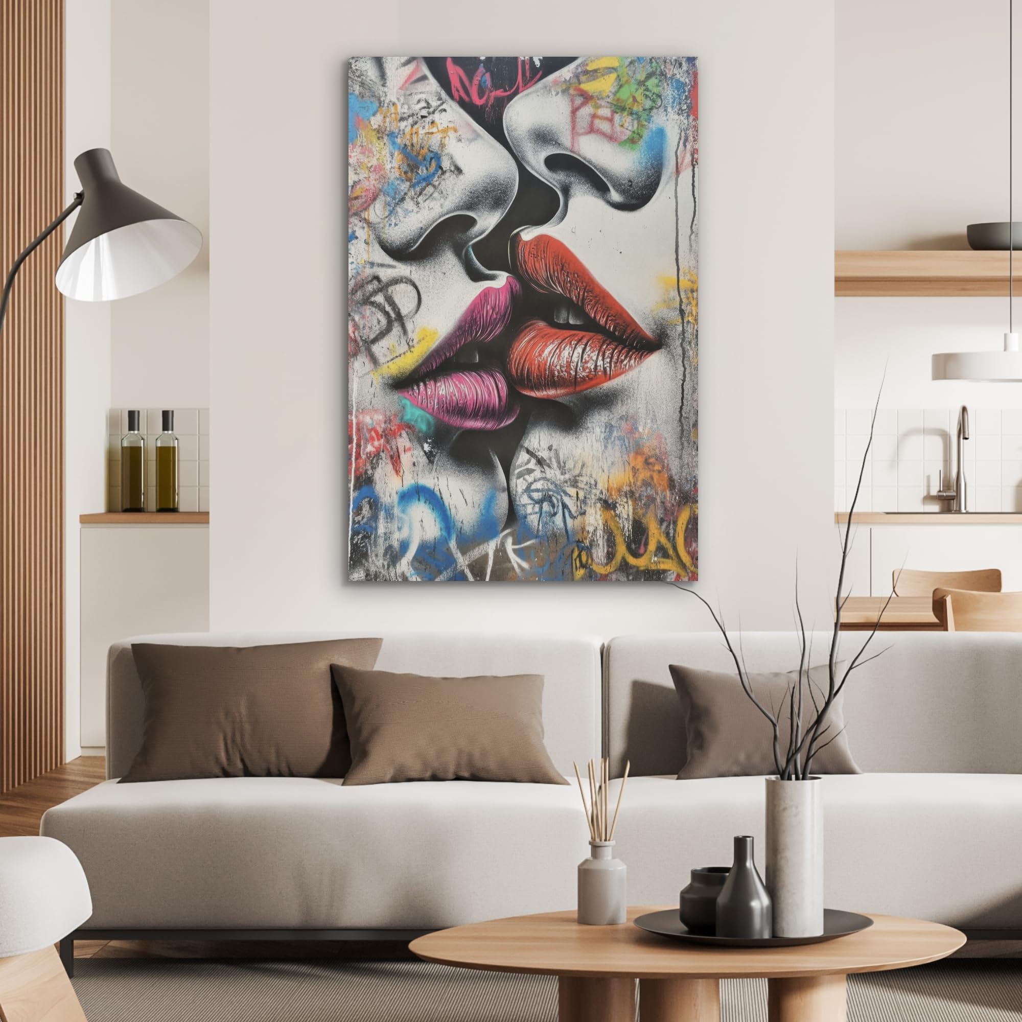 MuchoWow© Wandbilder aus Filz 60x90 cm Wohnzimmer Wanddeko Schlafzimmer Zimmerdeko Wandgemälde Zimmer Deko für die Wand Dekoration Wall Art Straßenkunst - Lippen - Kuss - Graffiti