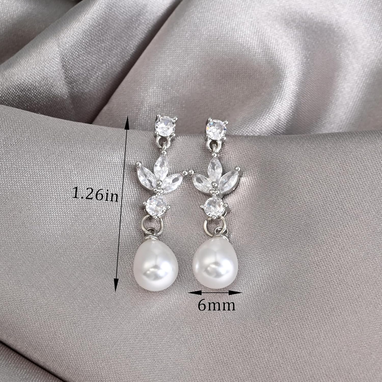Silver Pearl Dangle Earrings for Women with Leaf Shaped Cubic Zirconia Drop Teardrop Pearl Statement Earrings for Wedding Brides - Image 5