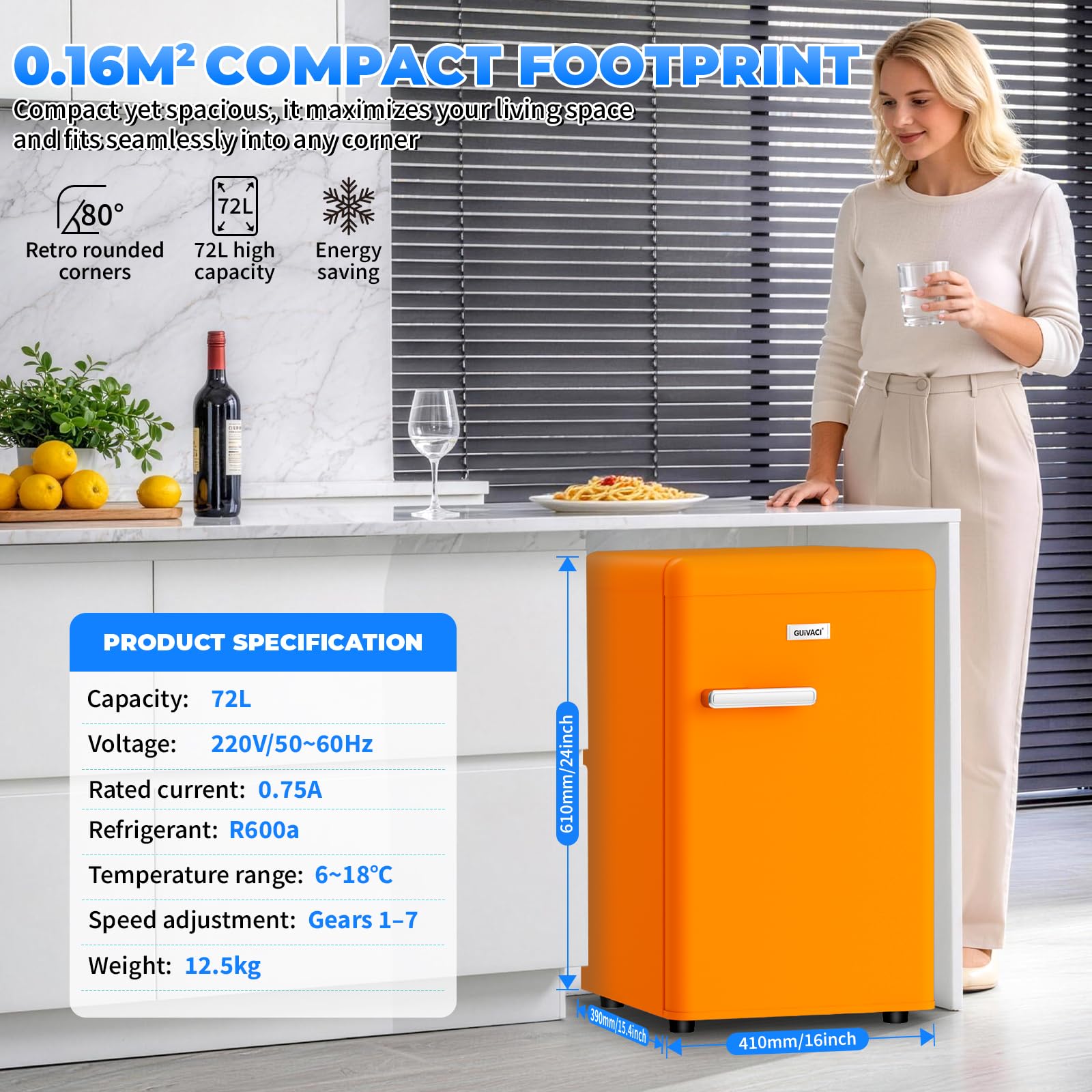 Lodówka retro 72 l – cicha praca (43 dB), 7-stopniowa regulacja chłodzenia, oświetlenie wewnętrzne LED, do sypialni, biura, kuchni i baru (pomarańczowa)