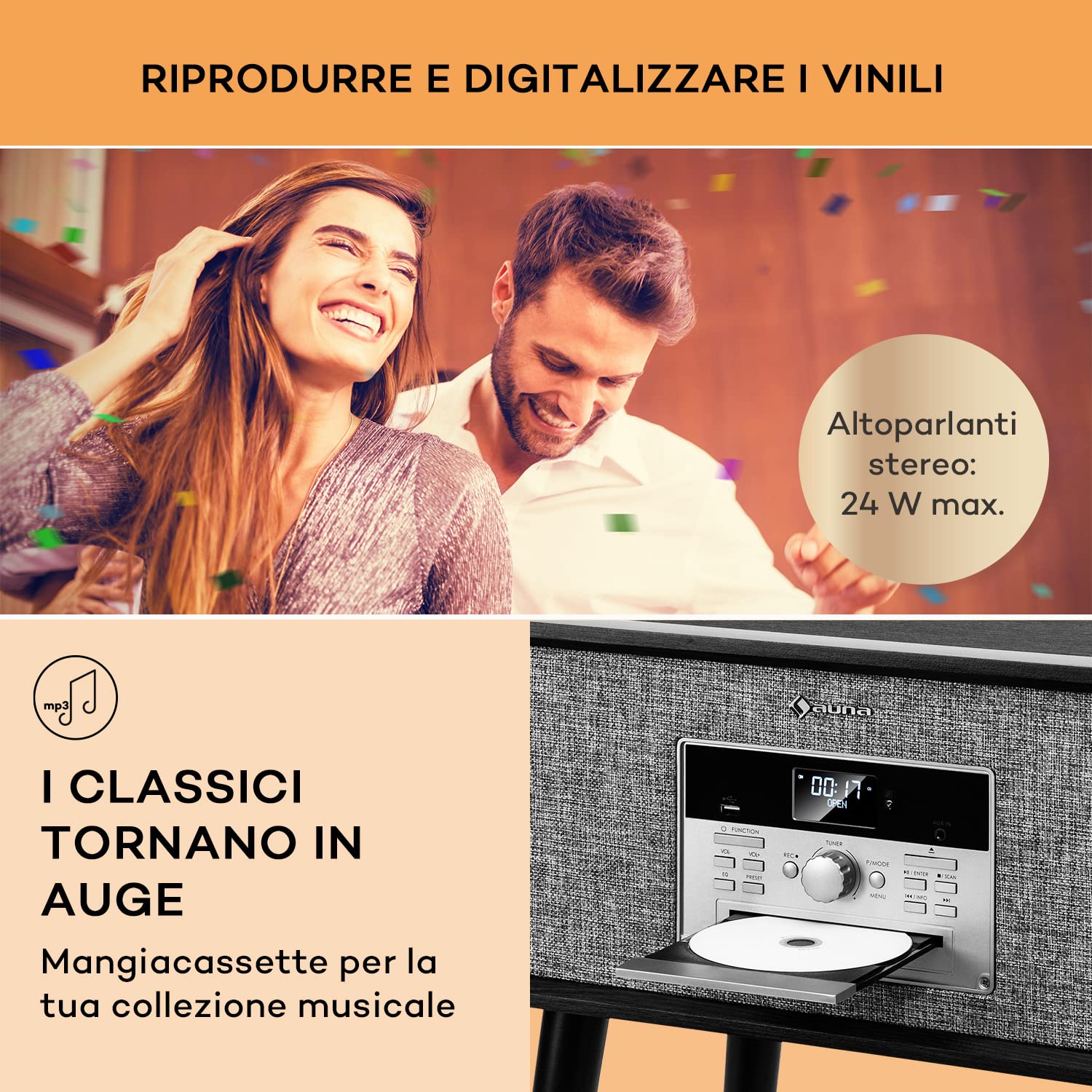 Auna Giradischi Bluetooth per Dischi in Vinile, Lettore a 3 Velocità di Riproduzione, Giradischi Vinili Vintage con Casse Stereo, Gira Dischi per Vinile CD USB con Jack per Cuffie e Adattatore, Nero