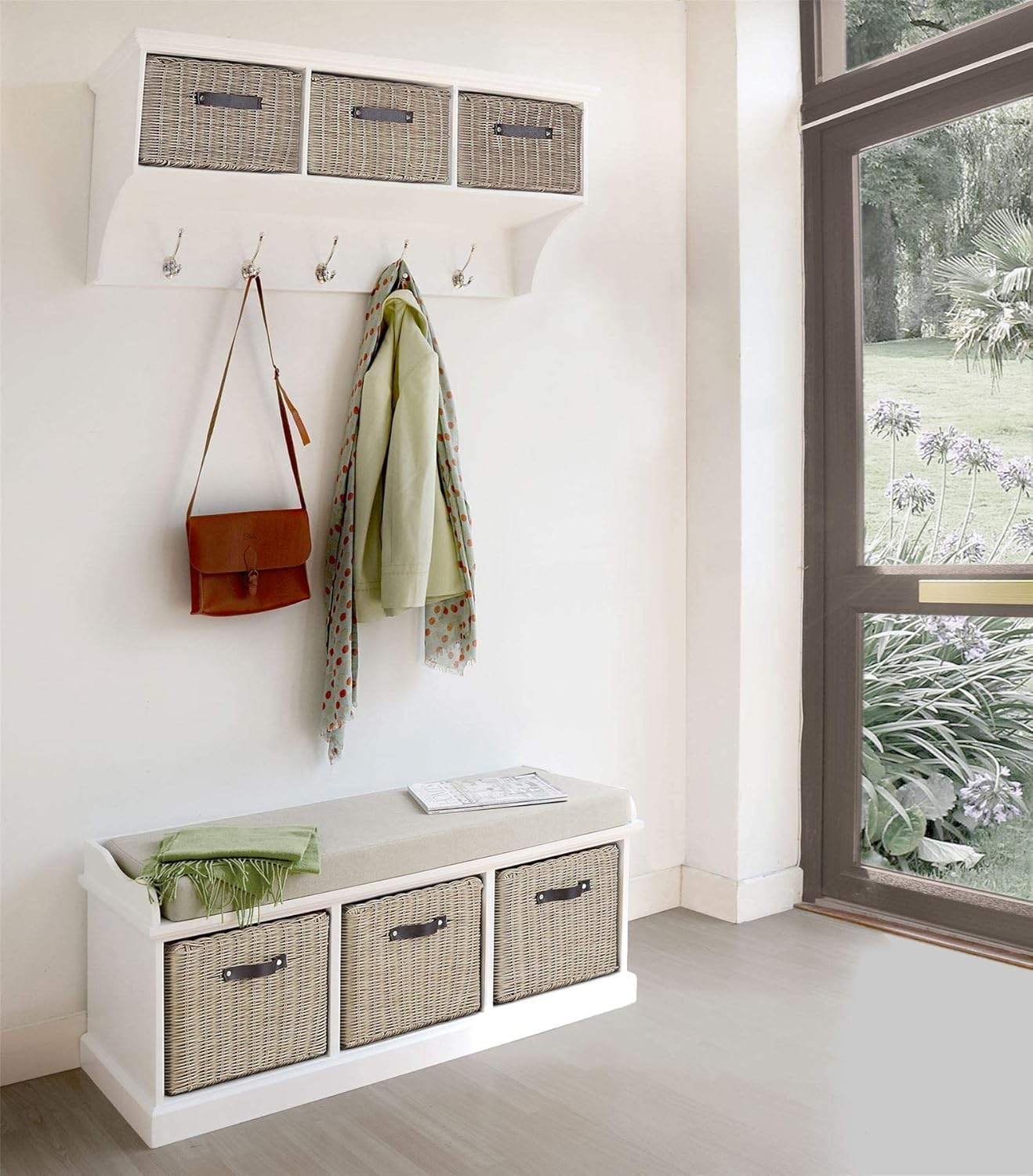 Tetbury white storage bench and coat rack with brown baskets and